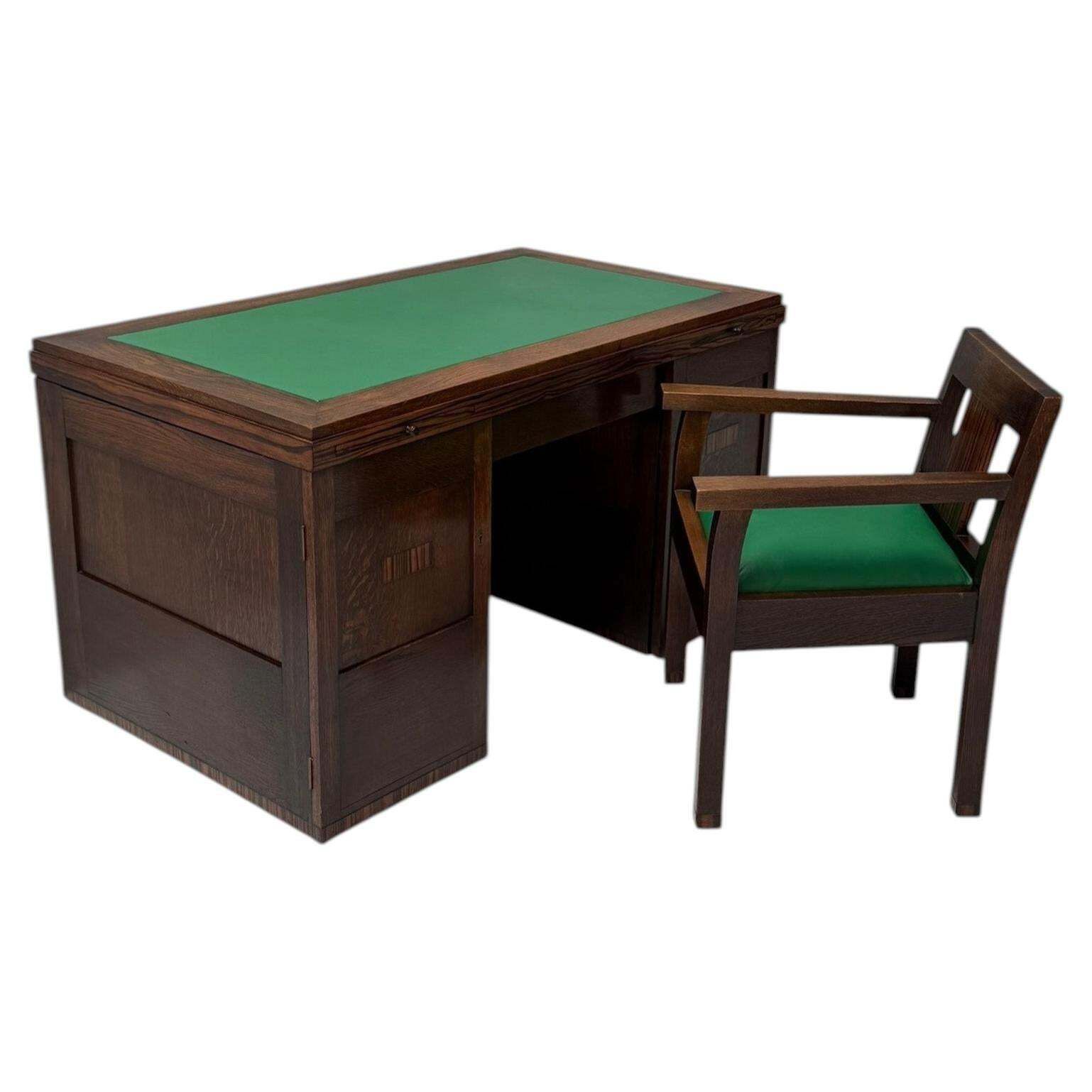 1920s Art Deco Modernist Desk And Armchair Set In Solid Oak