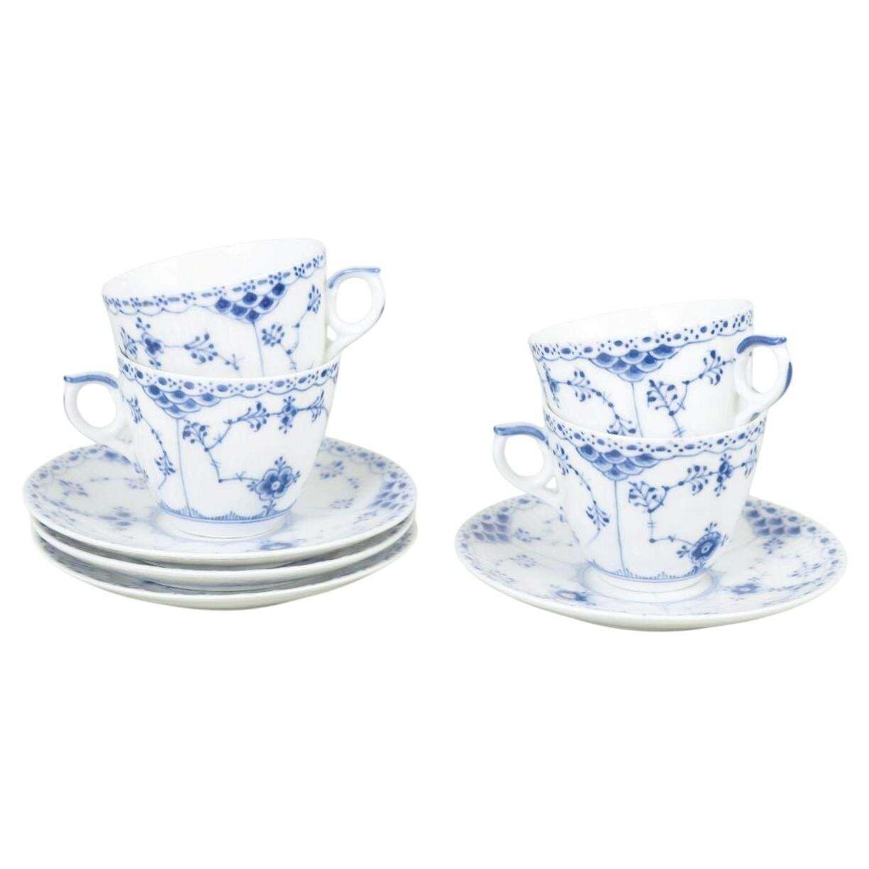 Royal Copenhagen Blue Fluted Half Lace. Set Of Four Coffee Cups With Saucers.