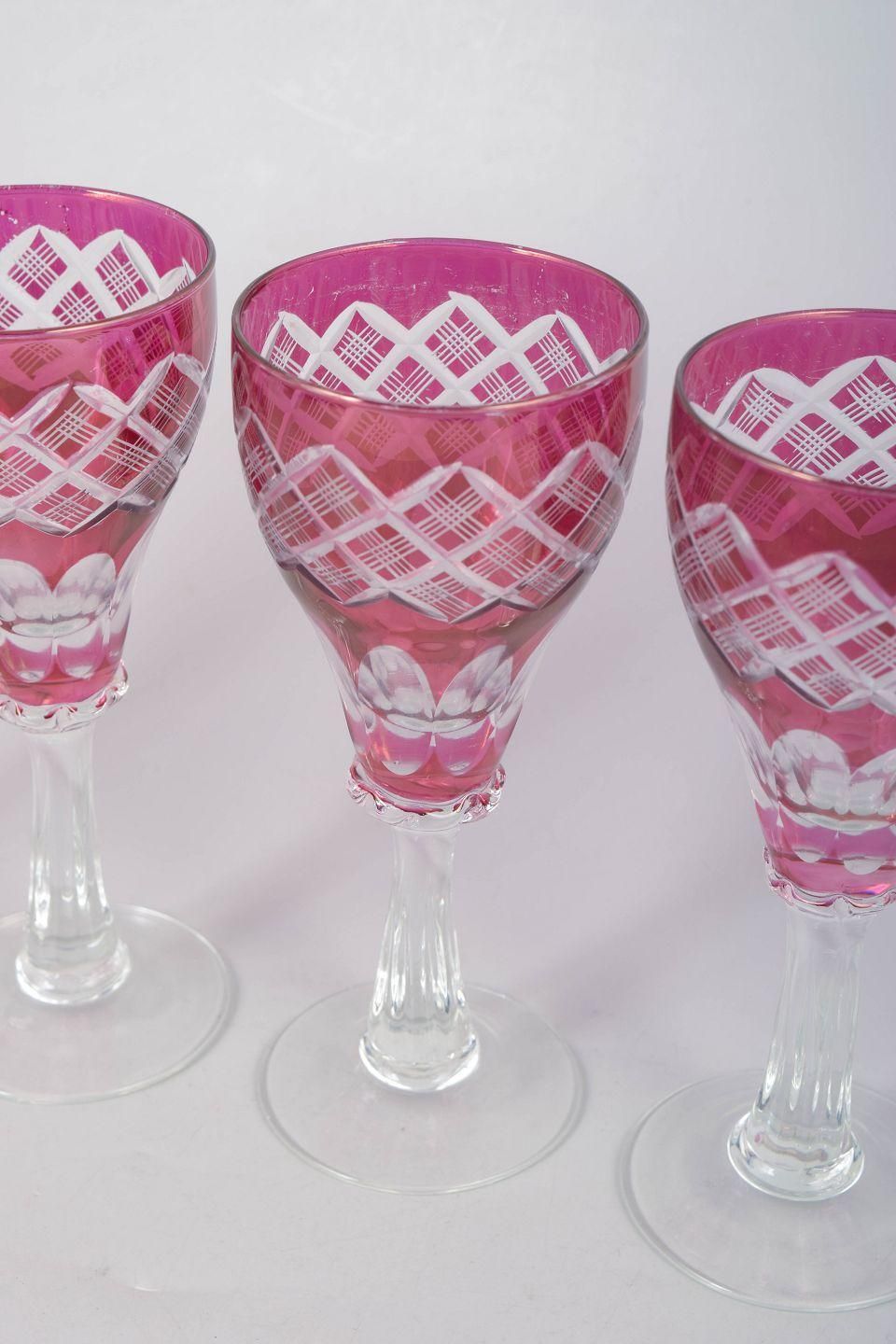 Set Of Five Bohemian Pink Crystal Wine Glasses With Cut Decoration. 1940s photo for sale