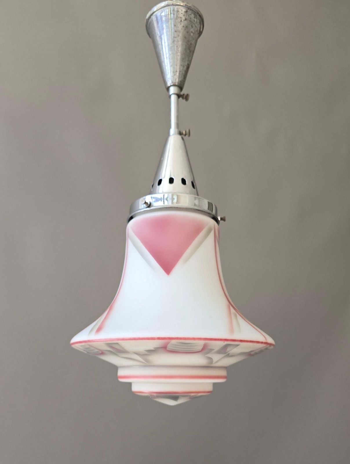 Art Deco Pink And White Frosted Glass Pendant Light, France, 1930s photo furniture