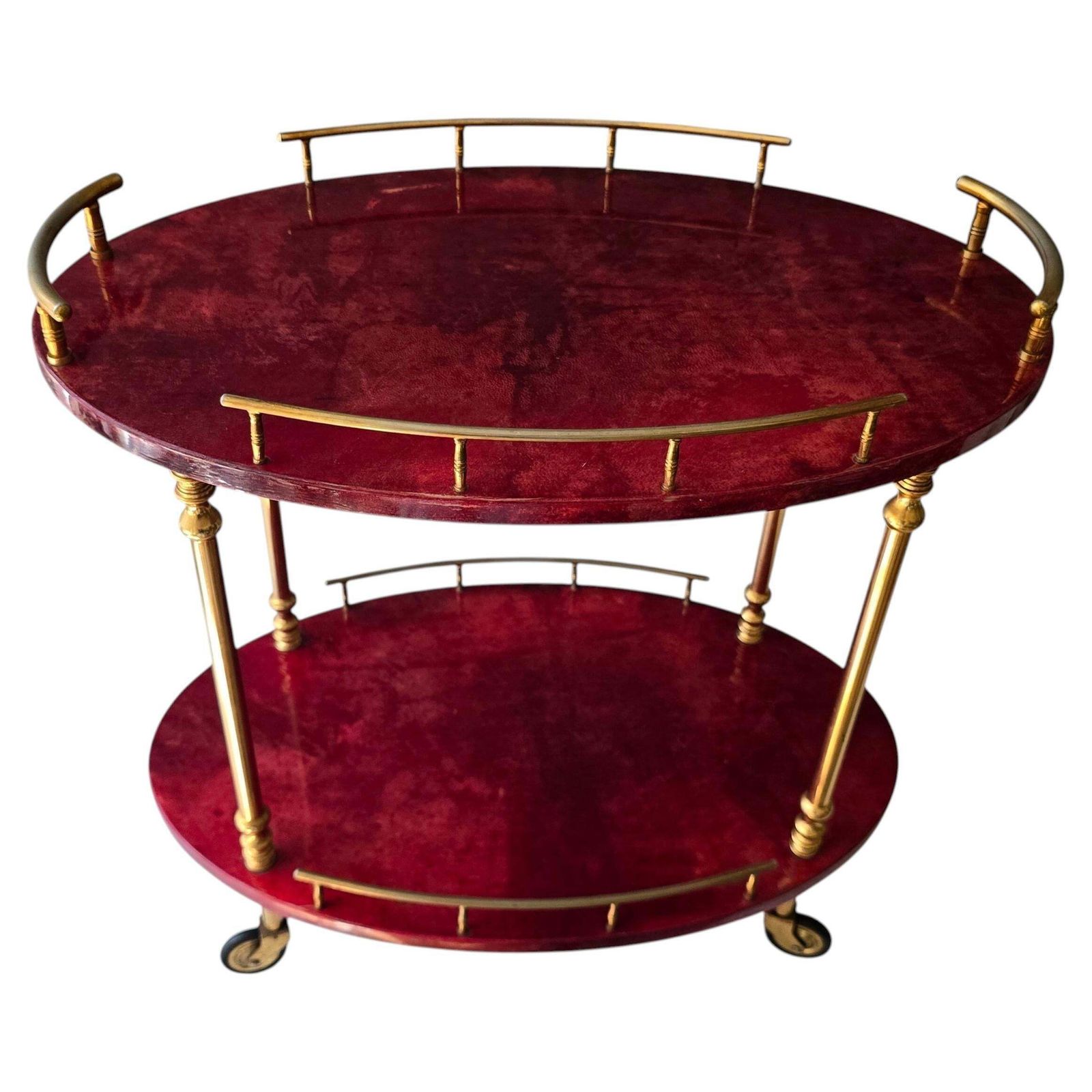 Attributed To Aldo Tura Red Goatskin And Brass Bar Cart, Italy, 1960s photo for sale