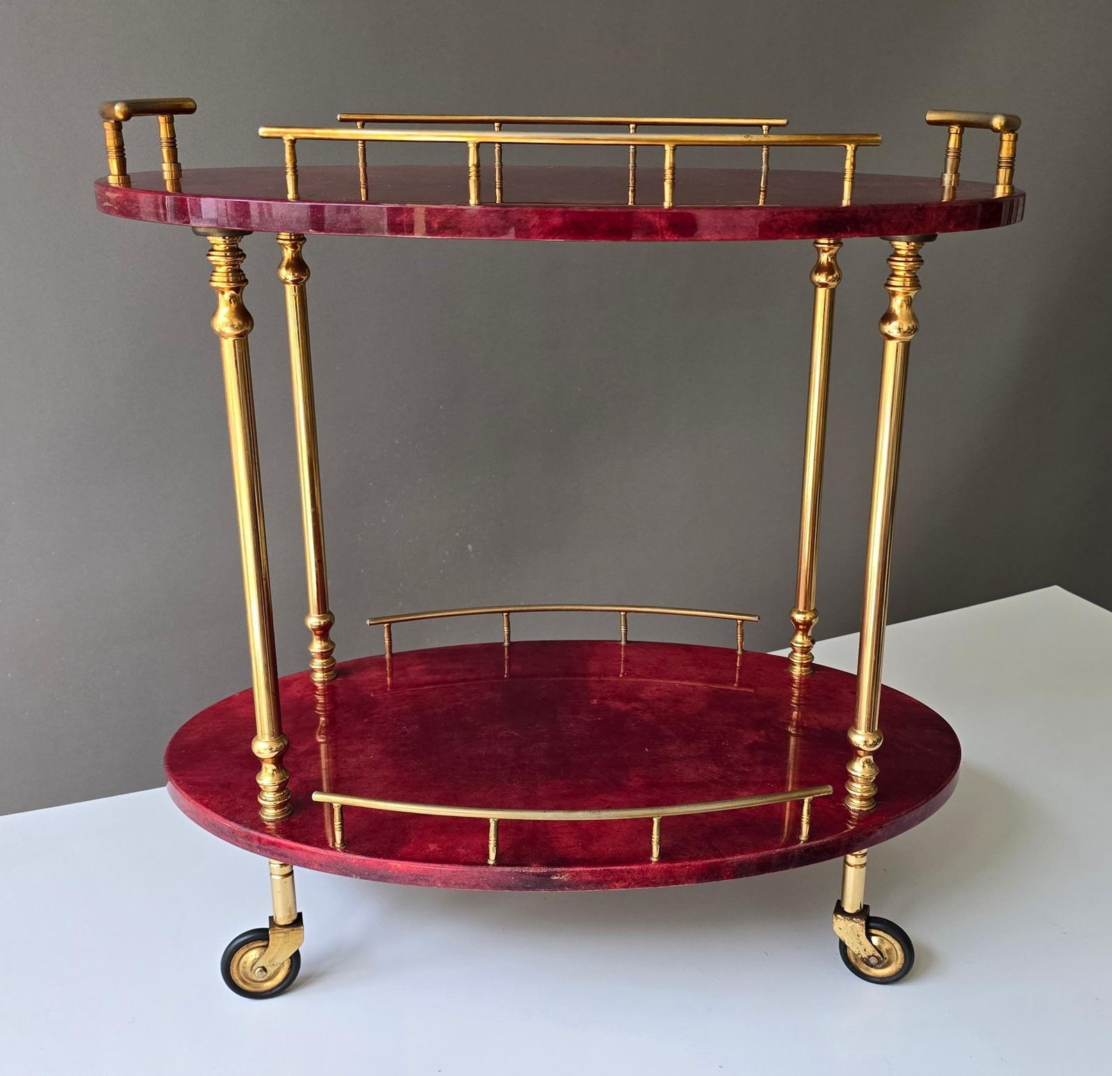 Attributed To Aldo Tura Red Goatskin And Brass Bar Cart, Italy, 1960s photo 2526.0