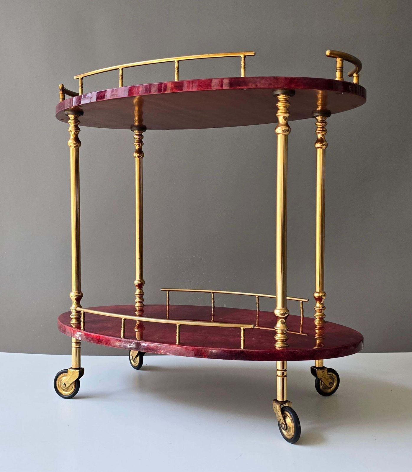 Attributed To Aldo Tura Red Goatskin And Brass Bar Cart, Italy, 1960s photo buy