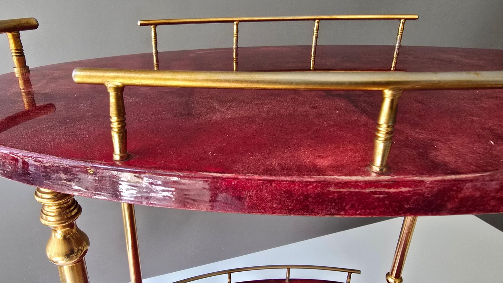 photo furniture Attributed To Aldo Tura Red Goatskin And Brass Bar Cart, Italy, 1960s