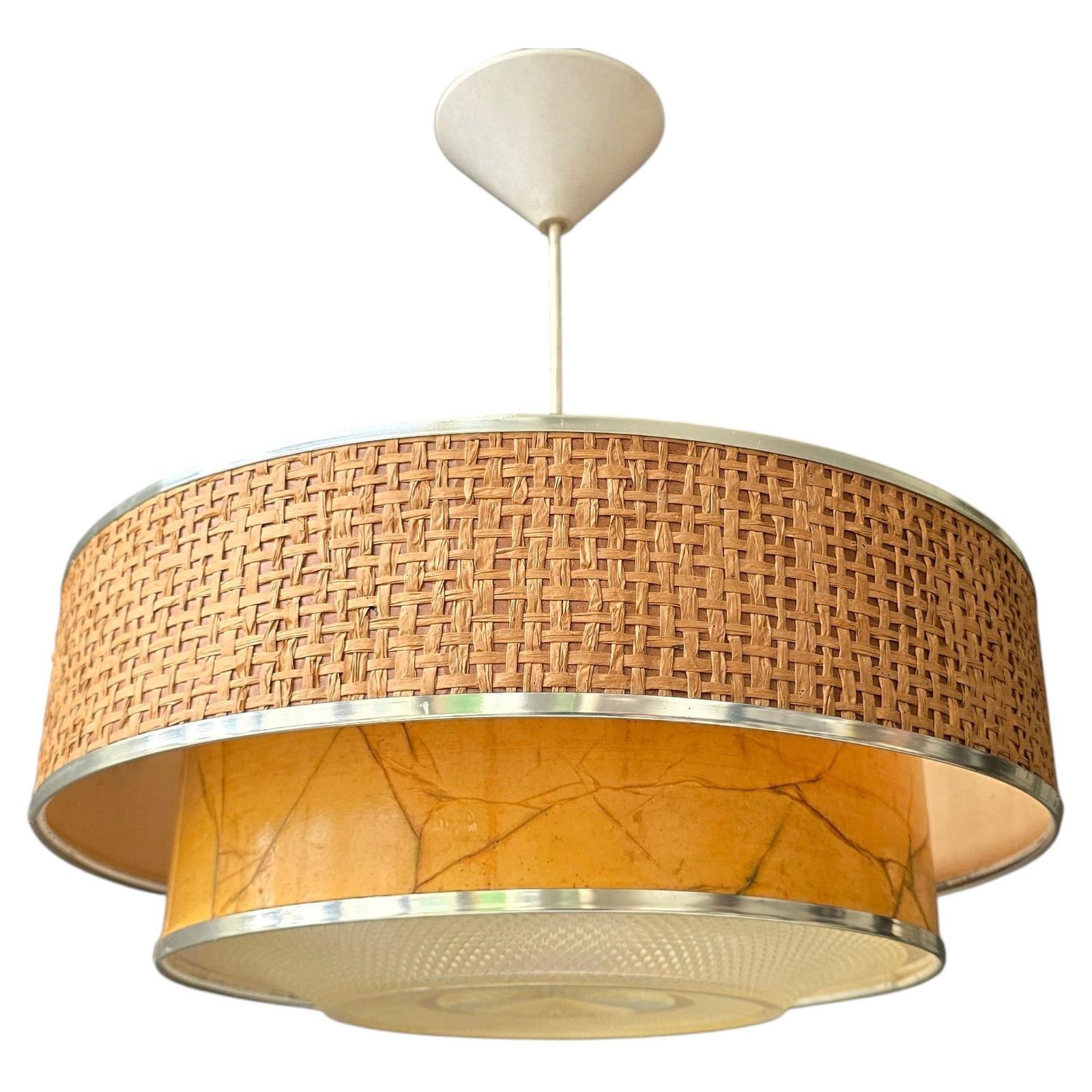 Italian Mid Century Woven Rattan And Marbled Paper Pendant Light, 1960s