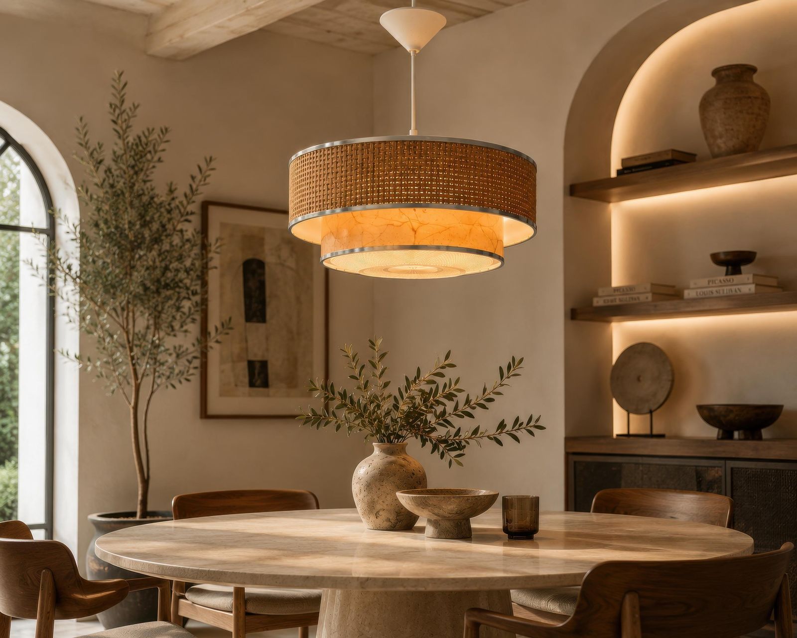Italian Mid Century Woven Rattan And Marbled Paper Pendant Light, 1960s photo furniture
