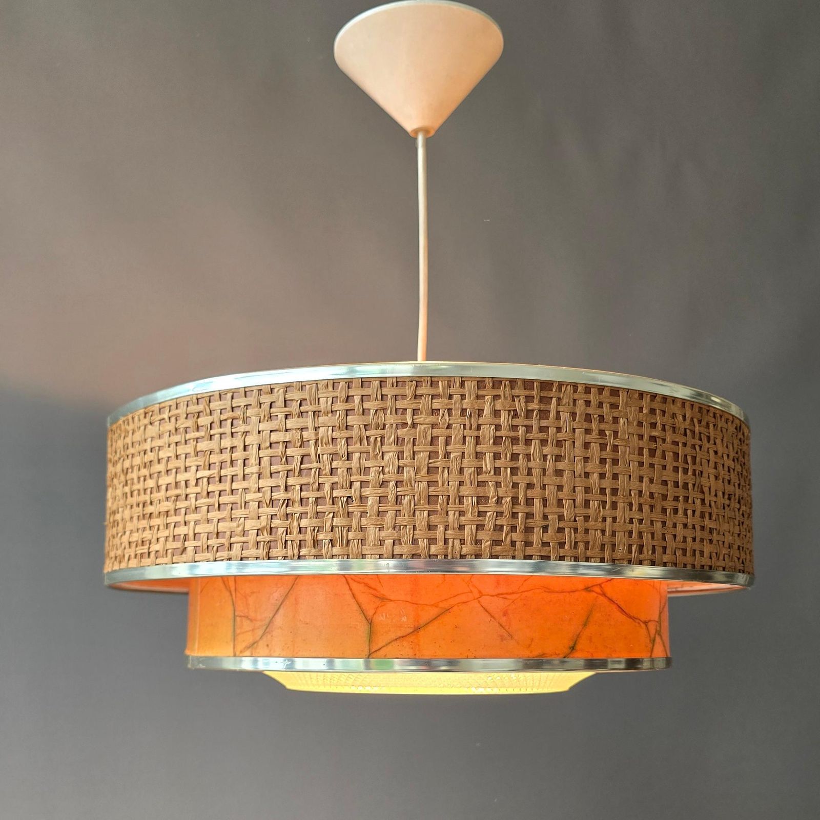 Italian Mid Century Woven Rattan And Marbled Paper Pendant Light, 1960s photo buy