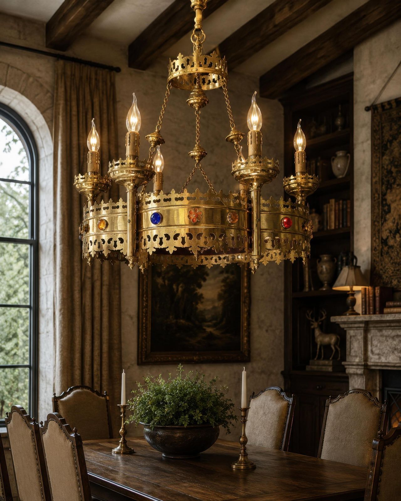 Large Gothic Revival Brass Crown Chandelier With Colored Glass Cabochons, Spain photo furniture