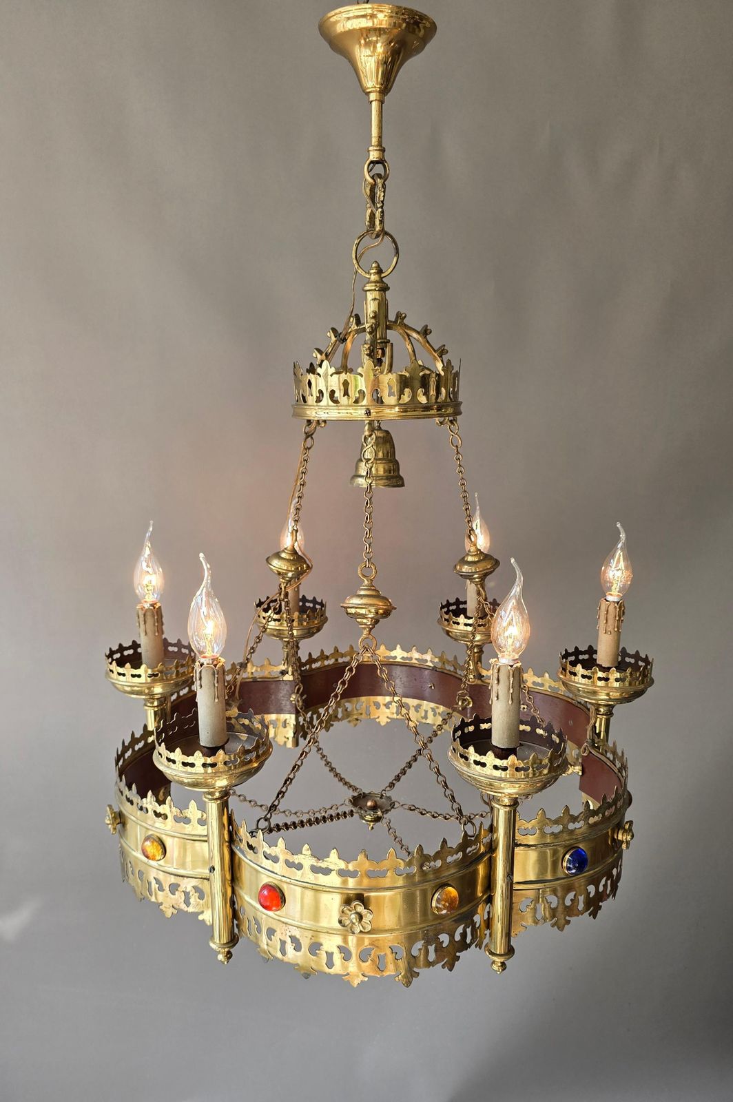 Large Gothic Revival Brass Crown Chandelier With Colored Glass Cabochons, Spain photo Lighting