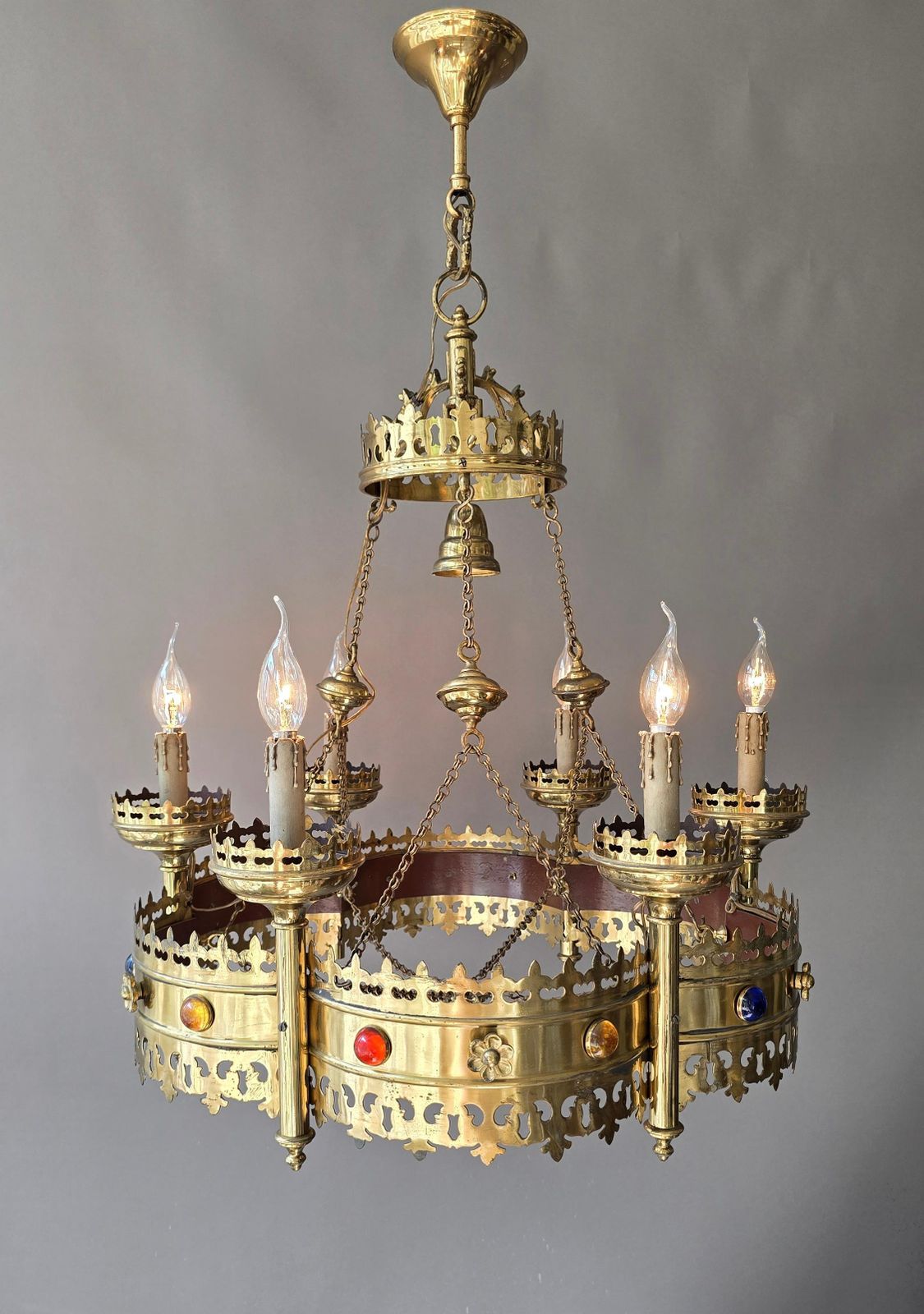photo furniture Large Gothic Revival Brass Crown Chandelier With Colored Glass Cabochons, Spain