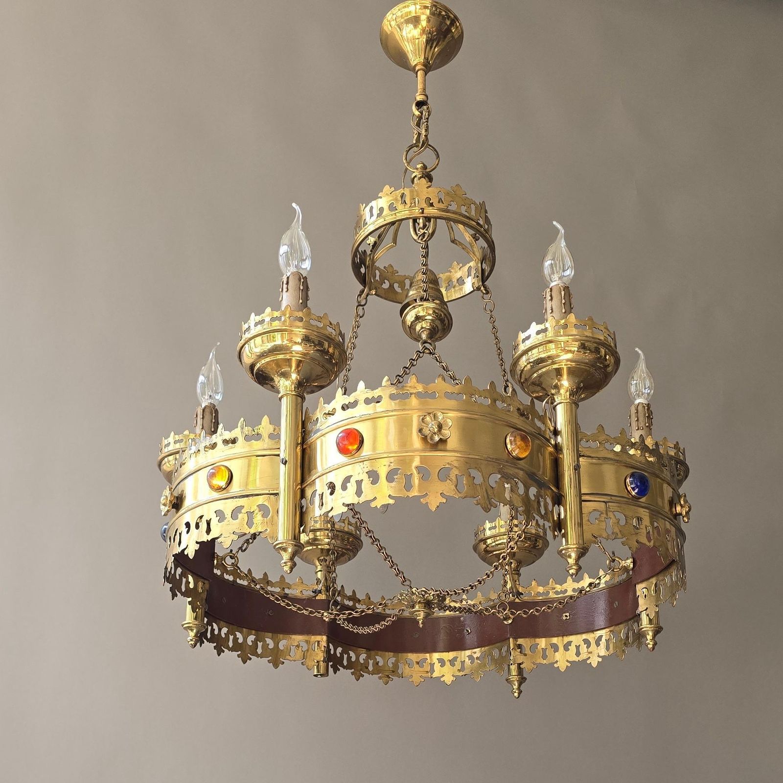 photo for sale Large Gothic Revival Brass Crown Chandelier With Colored Glass Cabochons, Spain