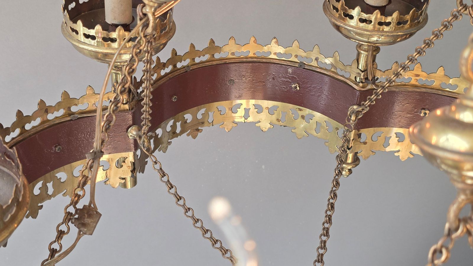 4060.0 Large Gothic Revival Brass Crown Chandelier With Colored Glass Cabochons, Spain photo