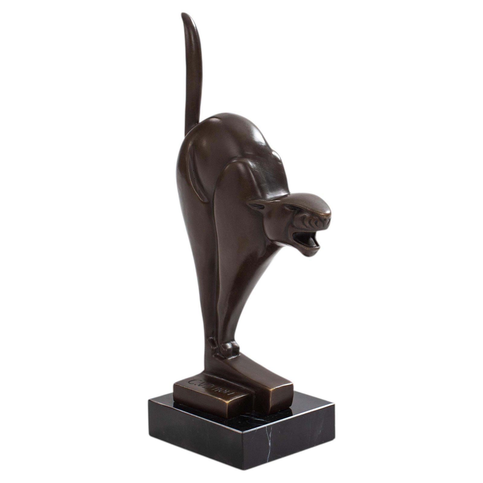 Dutch Cubist Art Déco Bronze Panther On Black Marble By C. Van Der Hoef, 1920s