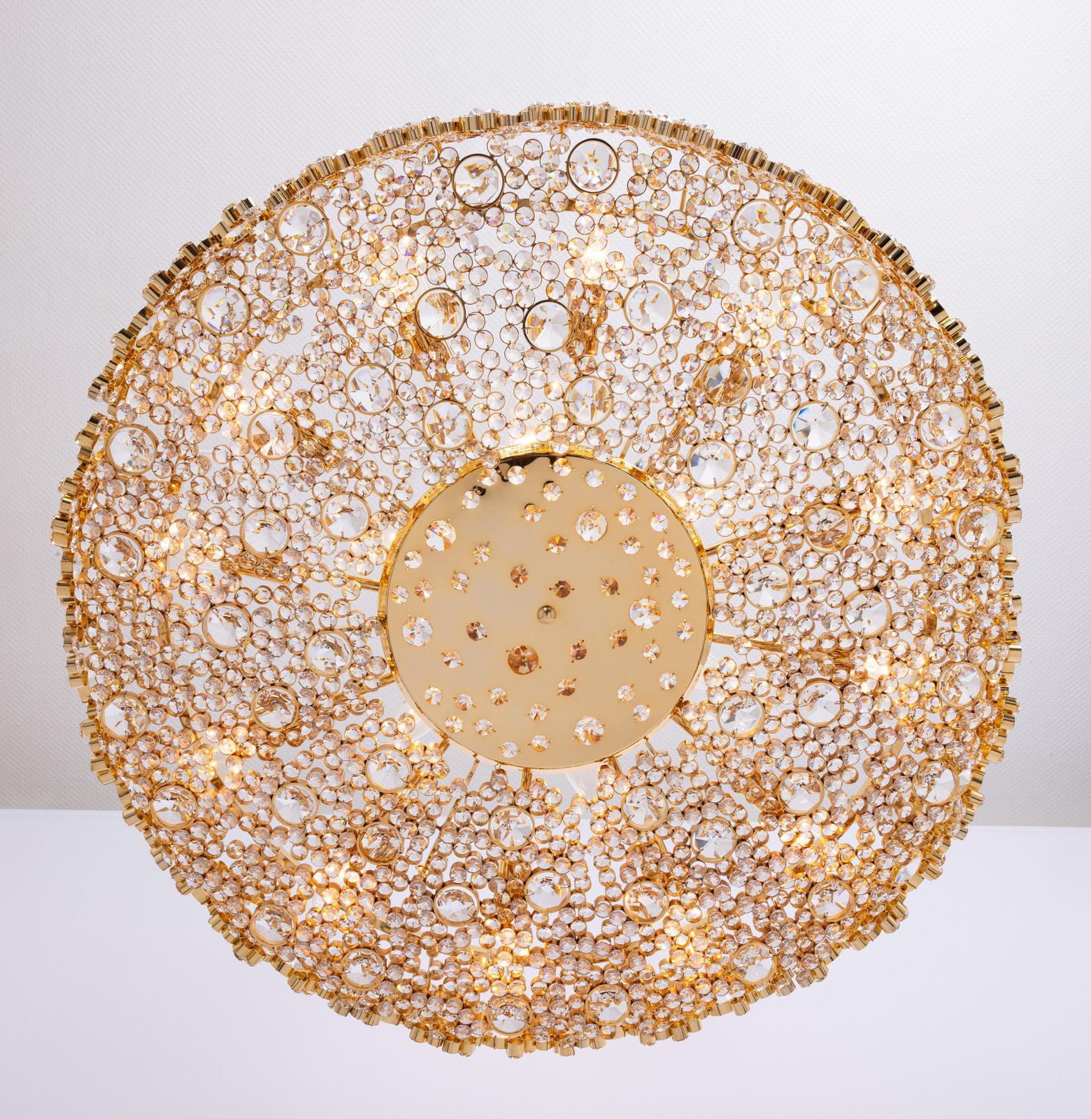 photo for sale Huge Gilt Brass And Crystal Glass Encrusted Chandeliers By Palwa, Germany, 1970s