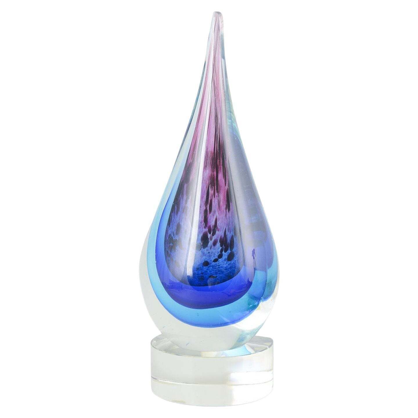 Murano Drop Shaped Sculpture In Clear And Blue Violet Art Glass. 1970s.