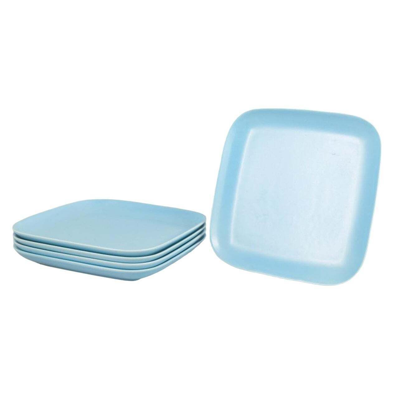 Höganäs Keramik, cinq assiettes plates carrées en glaçure turquoise, fin du XXe siècle