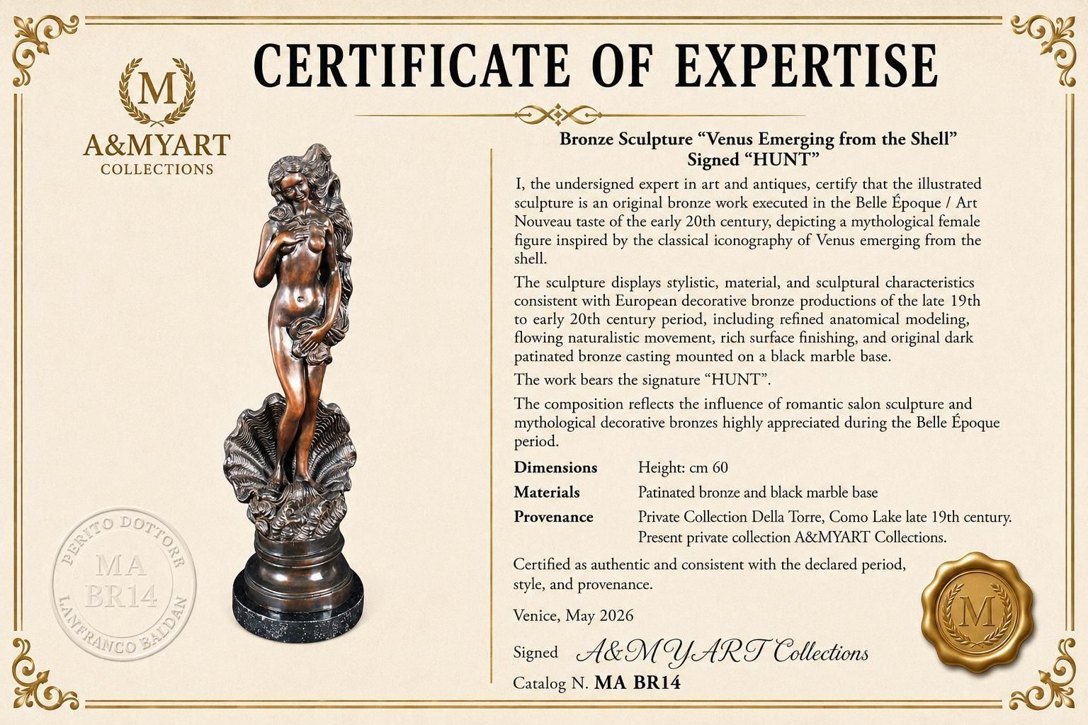 Groot Art Nouveau bronzen beeld van Venus rijzend uit een schelp, toegeschreven aan James Hunt photo vintage