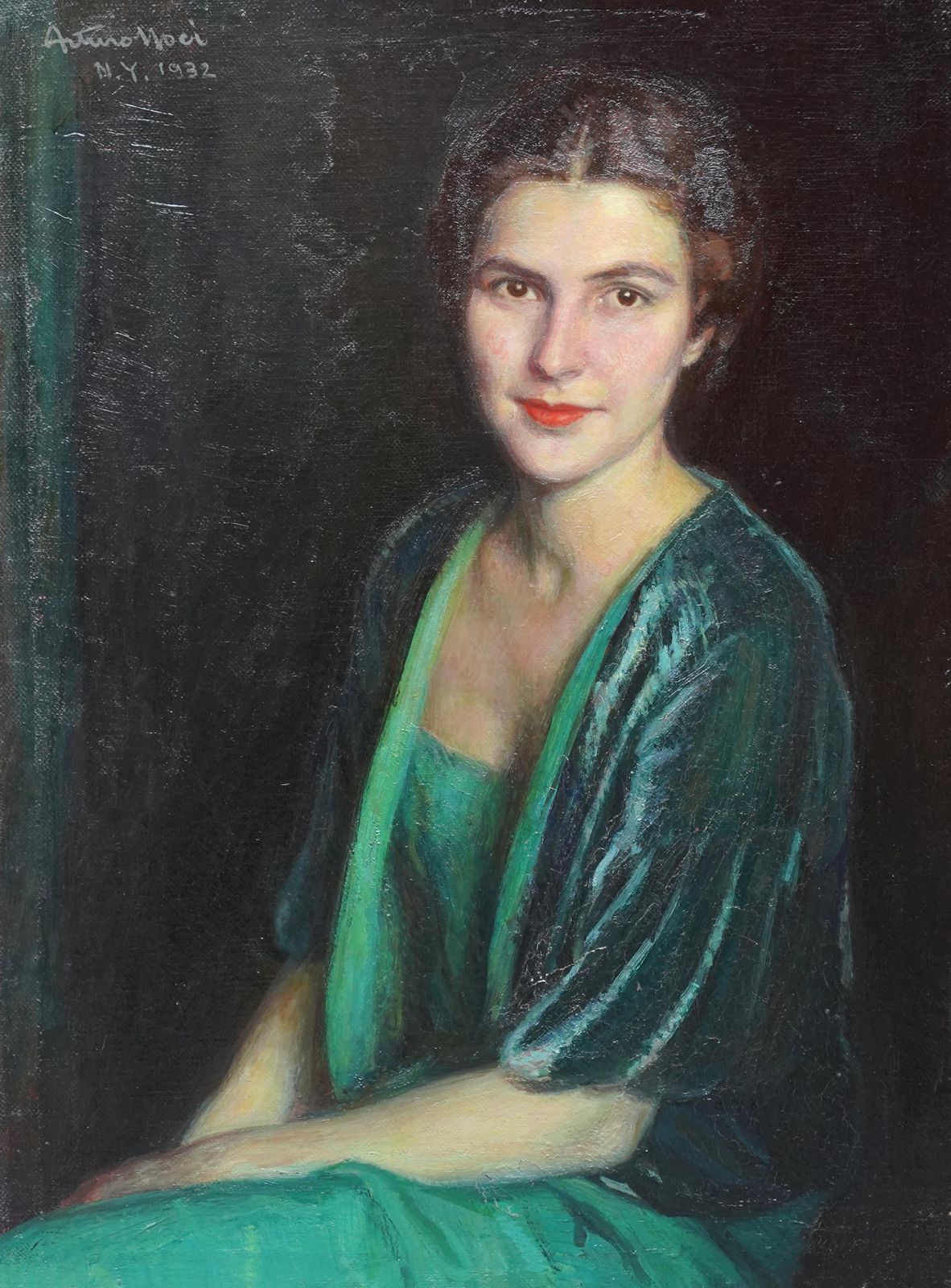 Art Deco Portrait Of Woman In Green Dress   Italian 1930's Art Oil Painting photo furniture