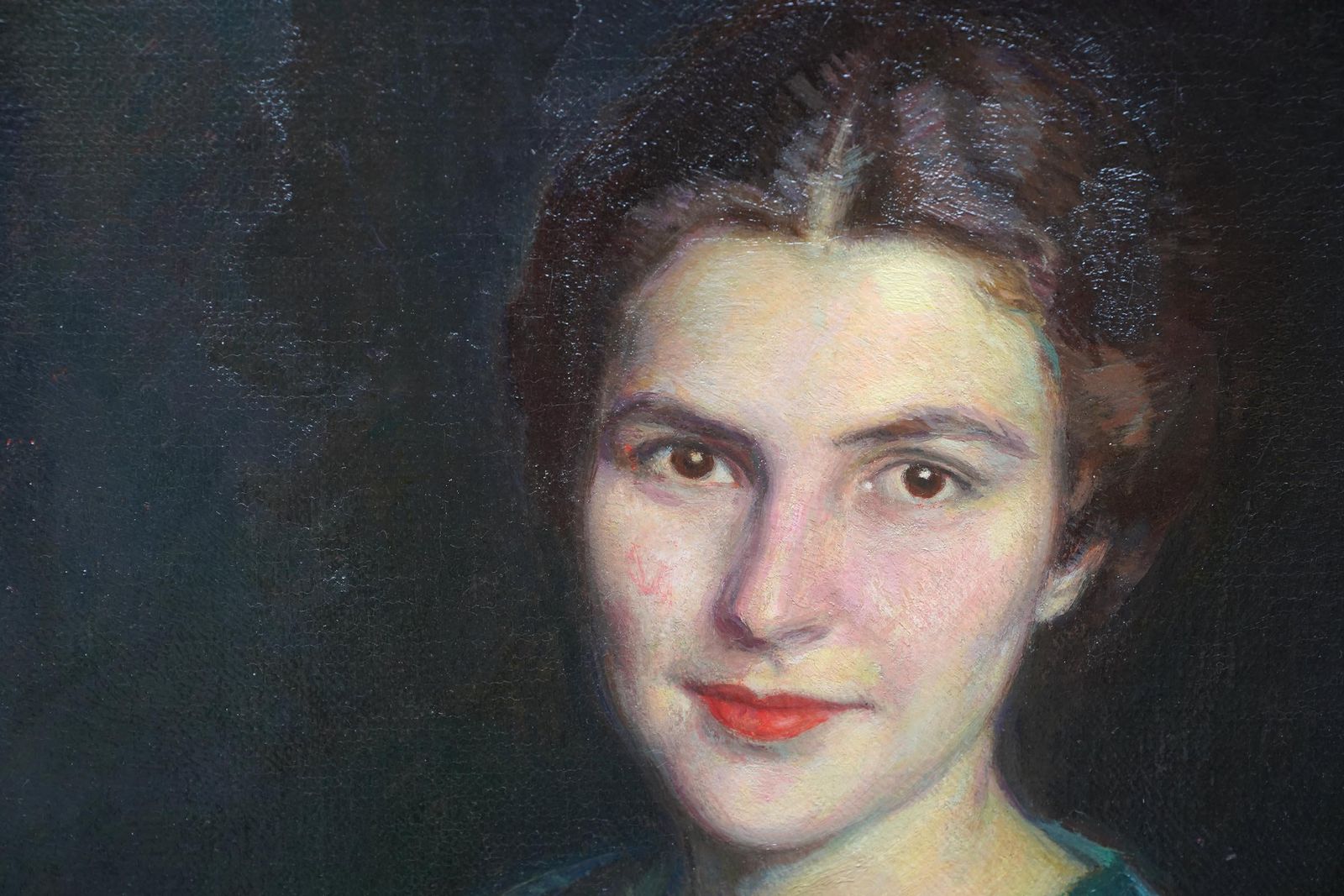 Art Deco Portrait Of Woman In Green Dress   Italian 1930's Art Oil Painting photo vinterior