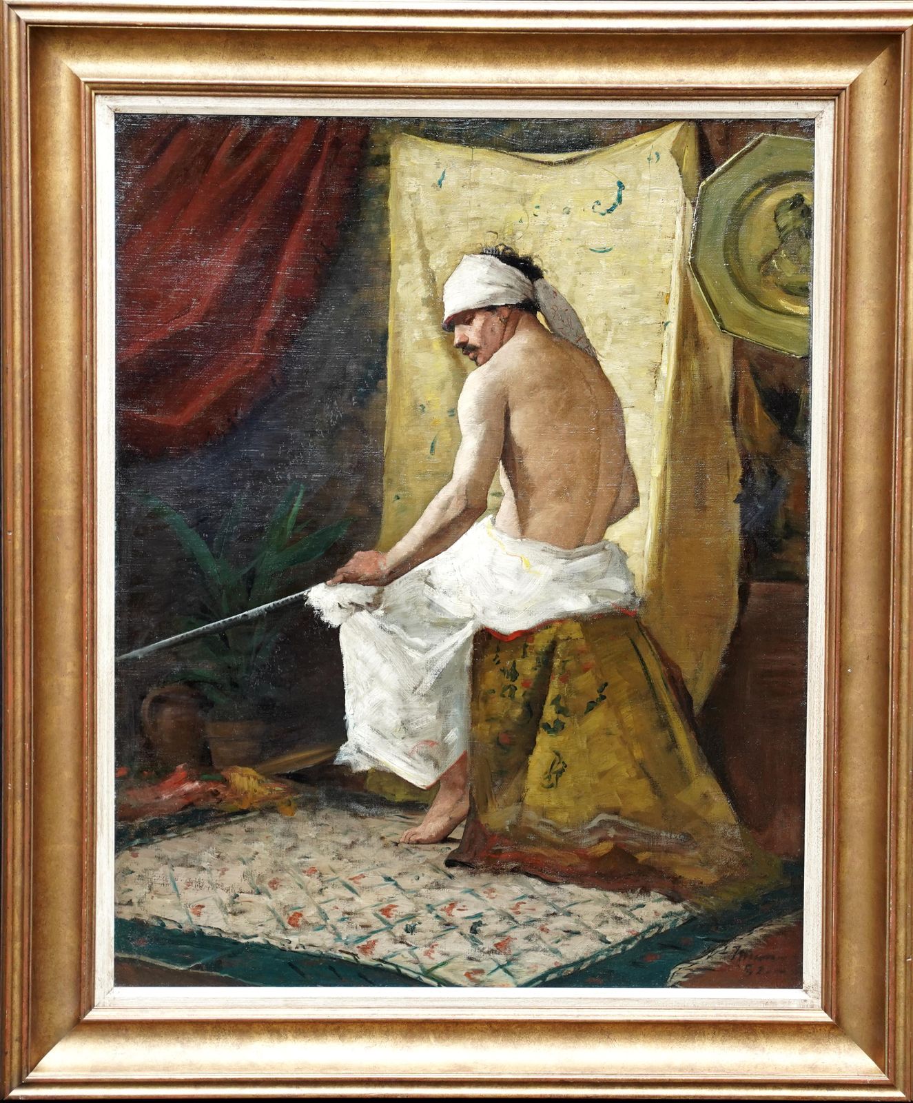 Victorian French School Orientalist Art Male Portrait Oil Painting Indis. Signed