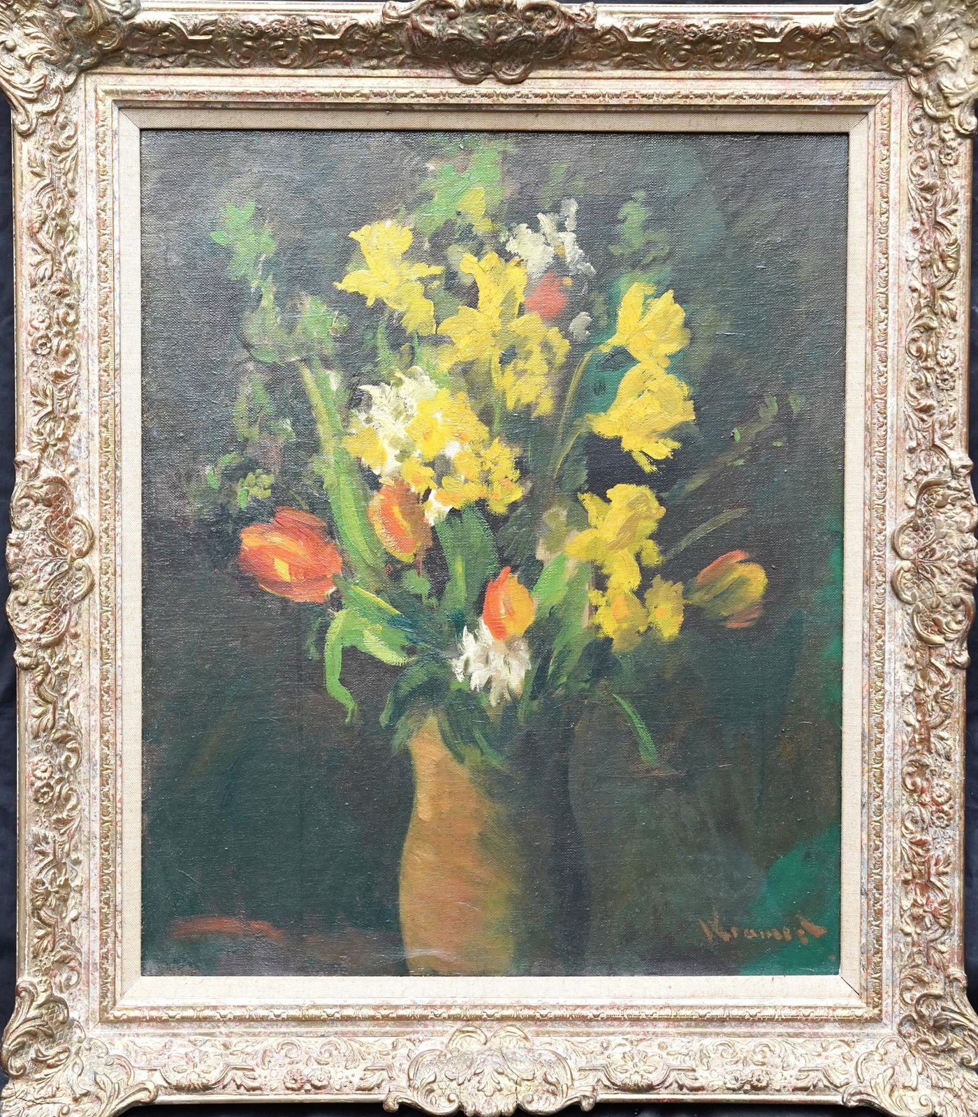 photo for sale Spring Flowers In Vase   British Forties Exh. Art Floral Still Life Oil Painting