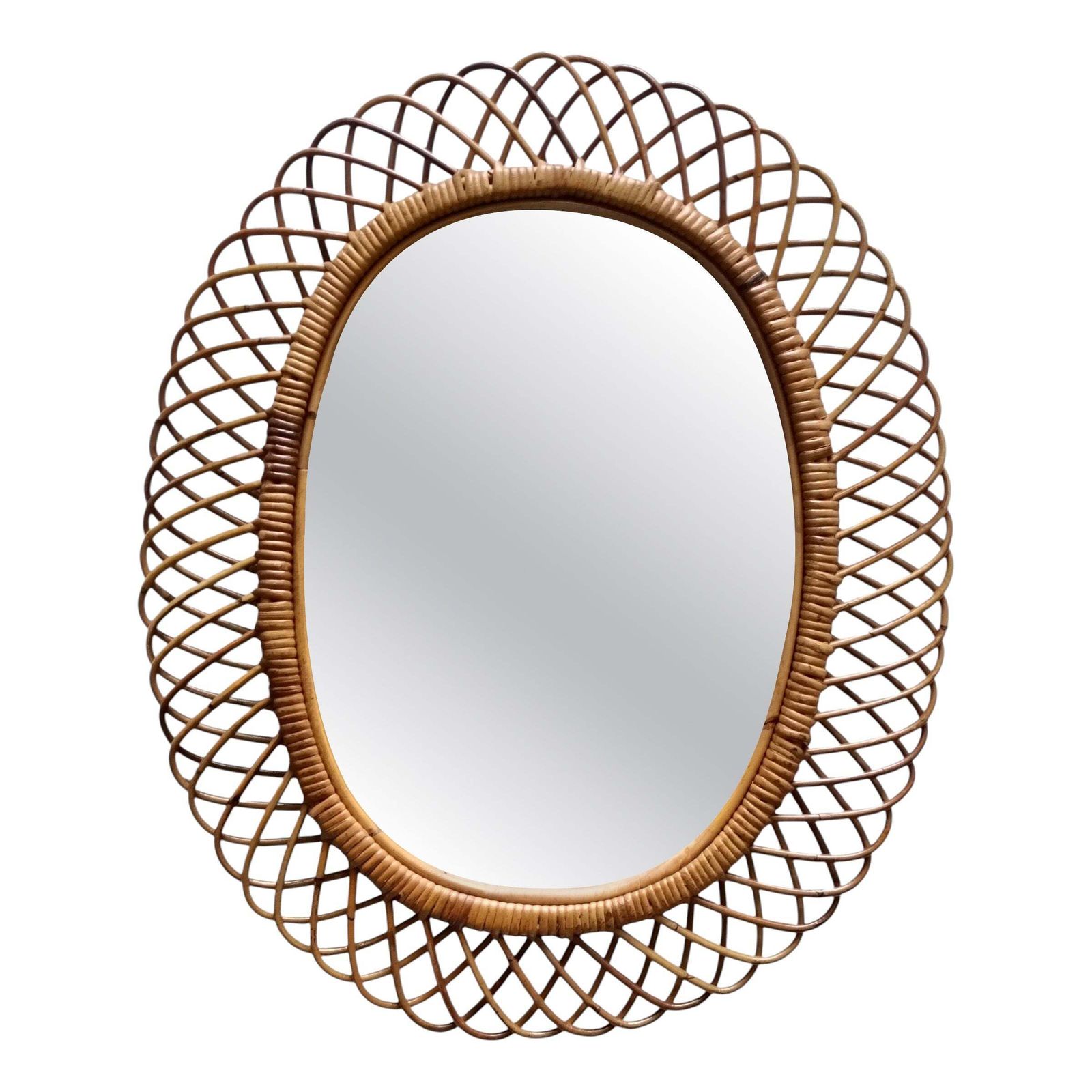 Franco Albini Style Specchio Da Parete Ovale In Rattan, Italia 1960s