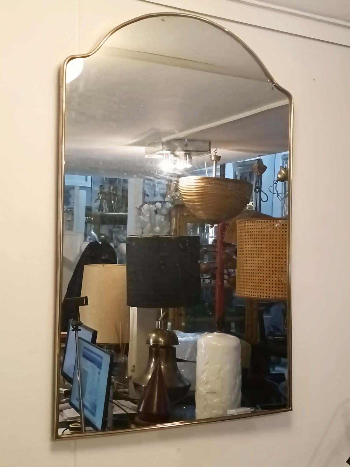 Shaped Brass Wall Mirror, Italy 1950s photo for sale