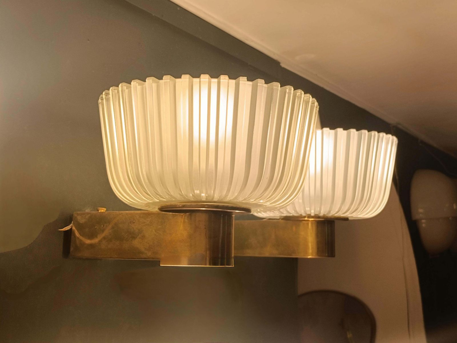 Archimedes Seguso For Seguso Pair Of Brass And Glass Wall Lamps photo vintage