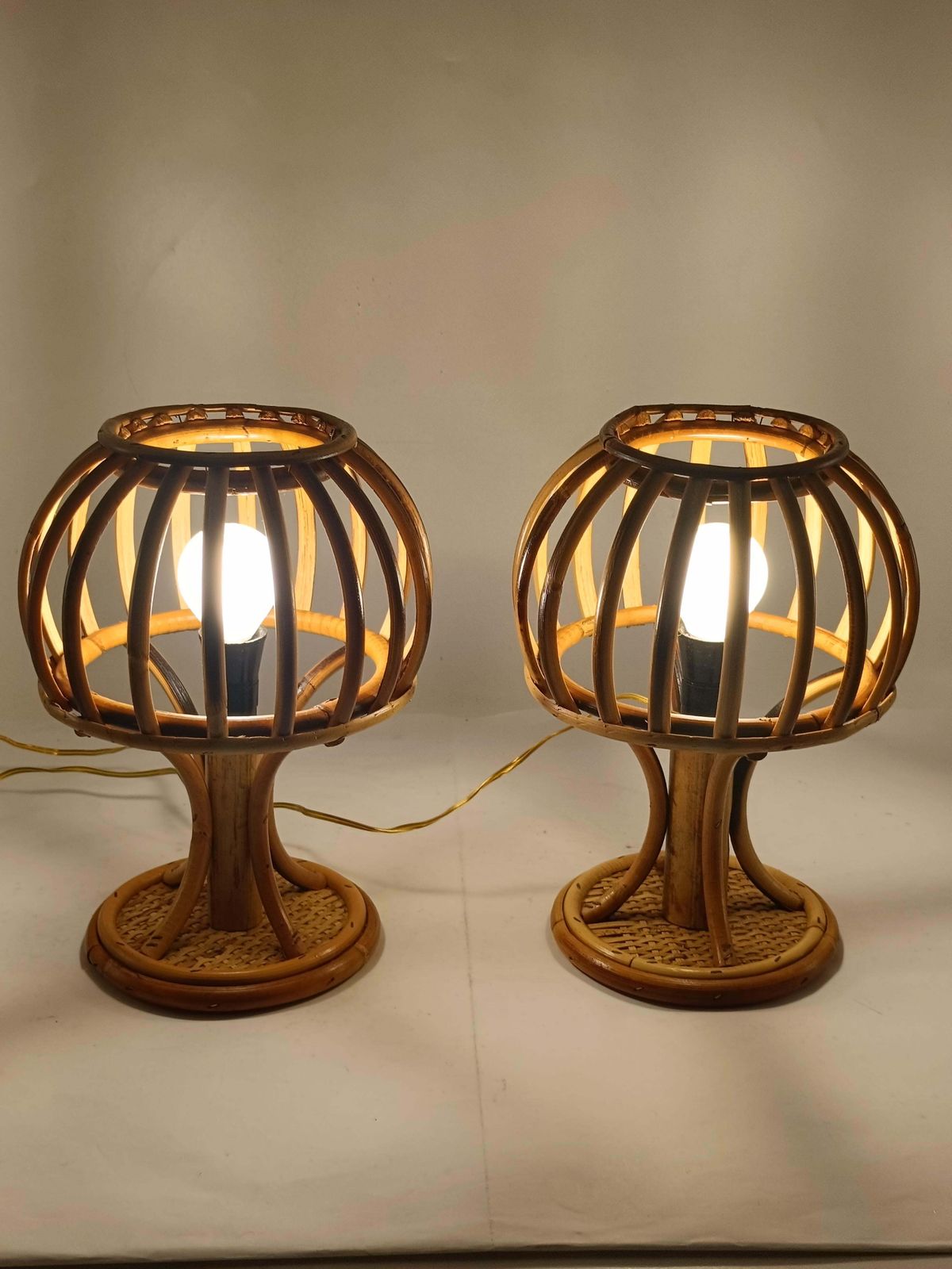 photo for sale Louis Sognot Style Pair Of Rattan And Bambu' Table Lamps, Italy 1960s
