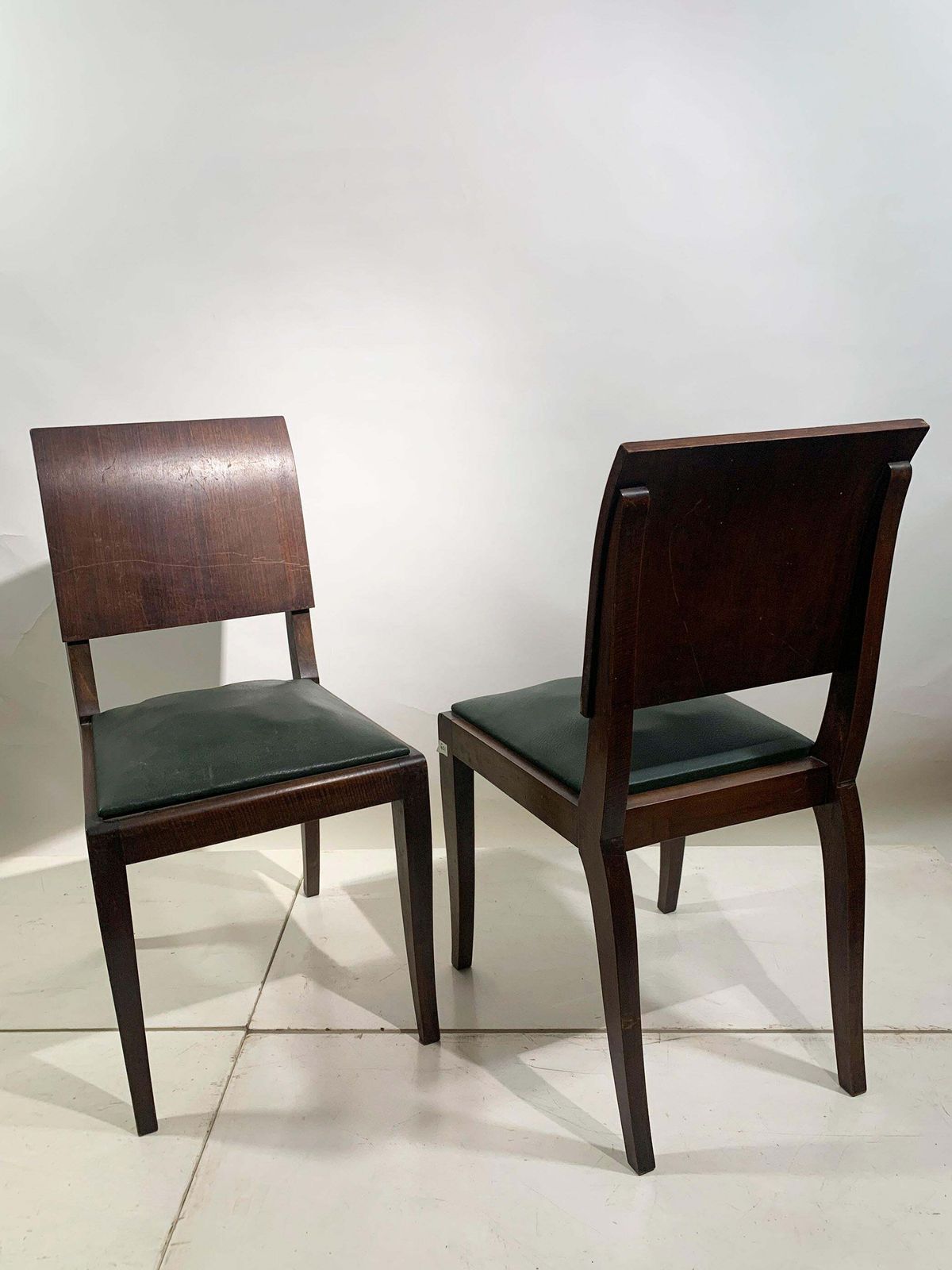 photo for sale Set Of 4 Art Deco Wooden Dining Chairs With Dark Green Leather Seats, 1930's