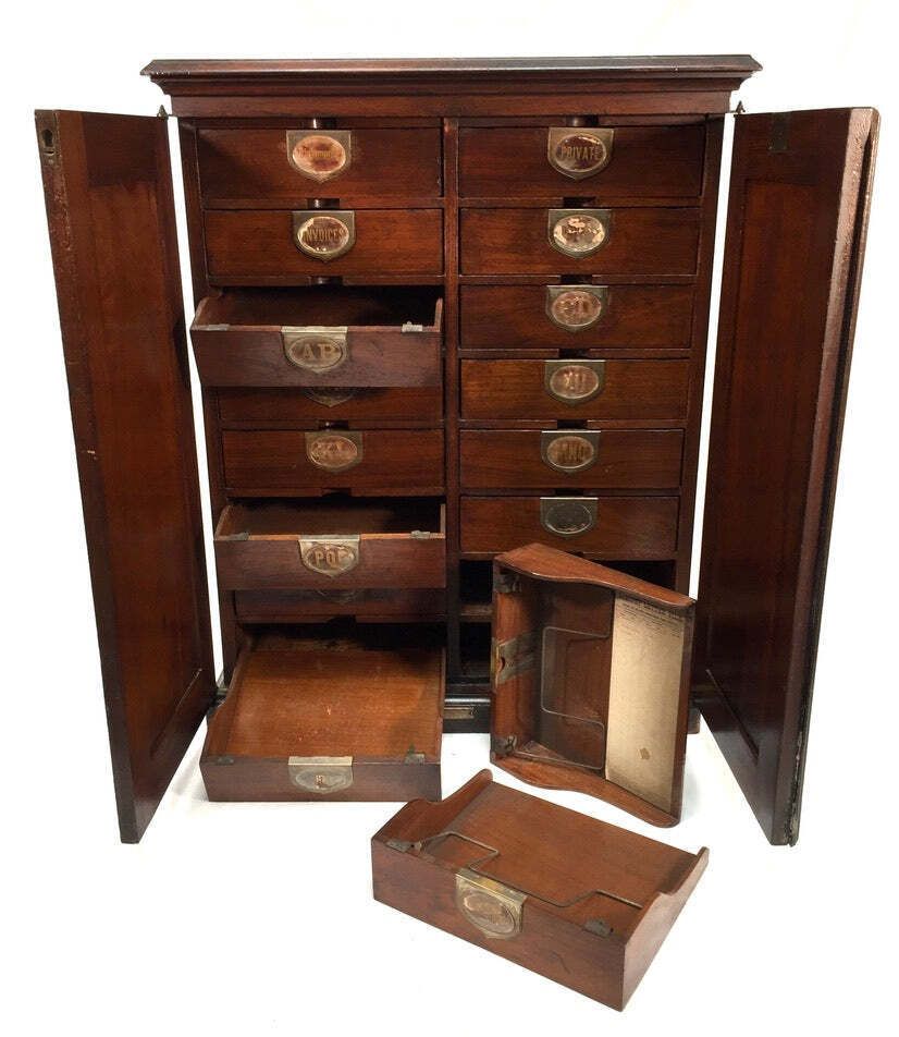 Antique Wooden Amberg's Patent Filing Cabinet Letter File Storage Chest With Key