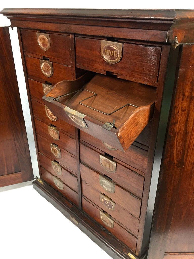649.0 Antique Wooden Amberg's Patent Filing Cabinet Letter File Storage Chest With Key photo