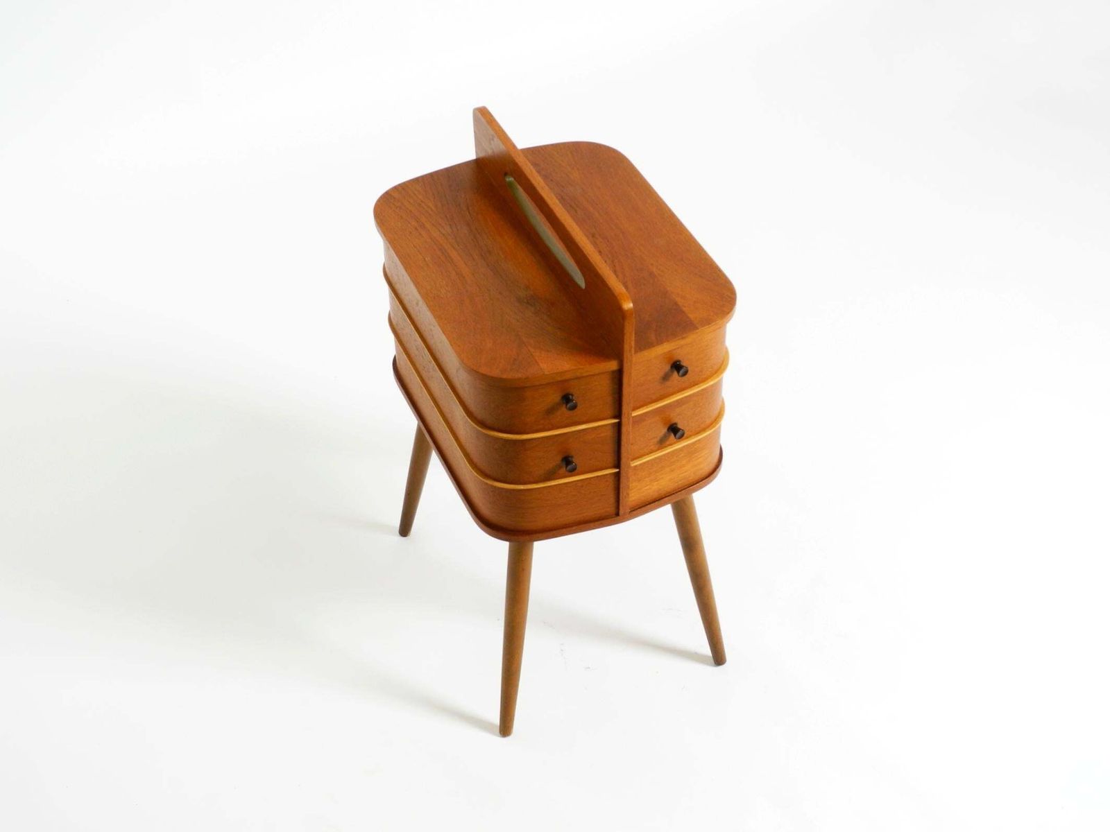 Beautiful Original Mid Century Teak Sewing Box With Hinged Compartments photo for sale