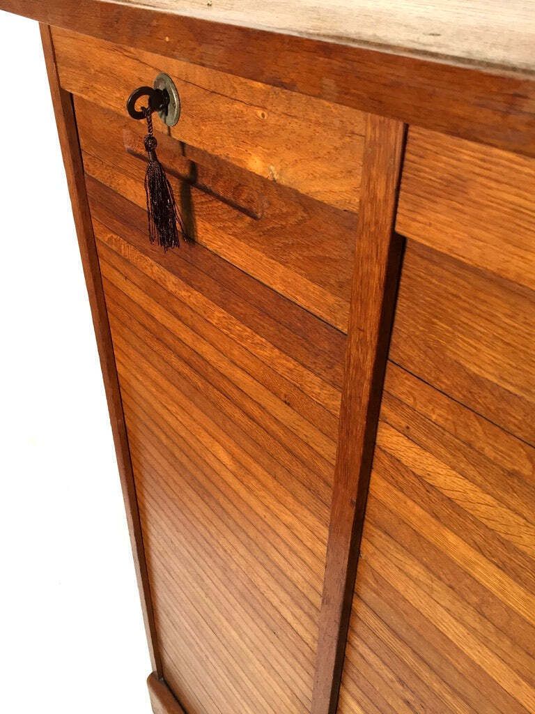 Antique 1950s Wood Oak Double Tambour Fronted Office Paper Filing Cabinet & Key photo 599.0