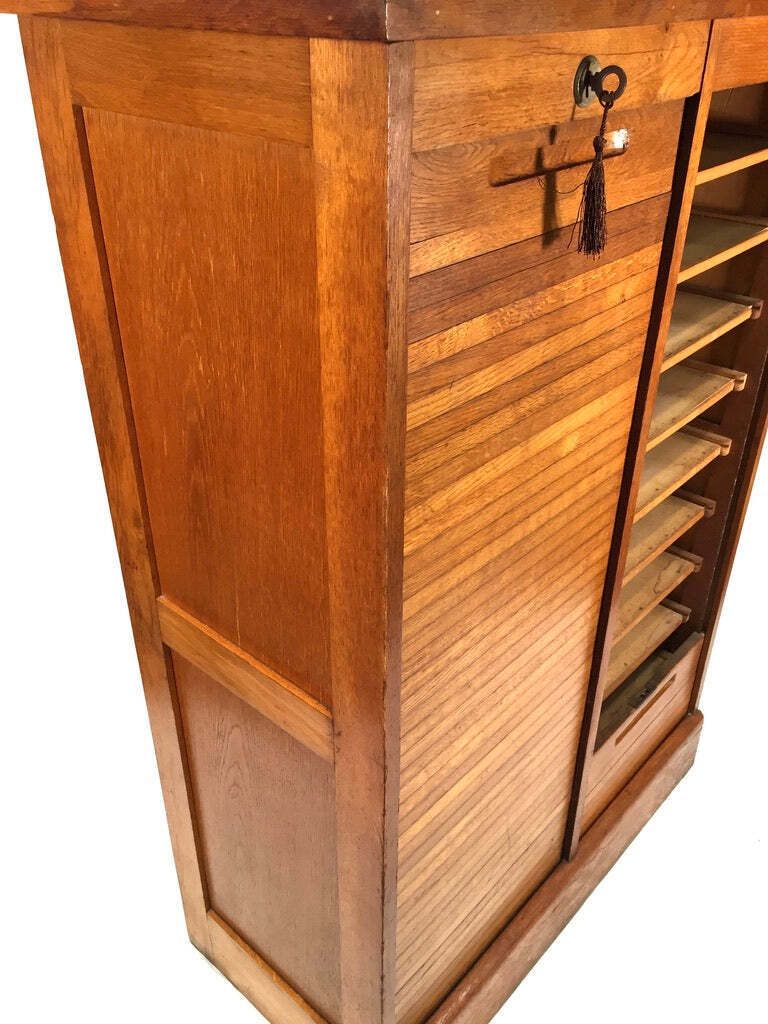 photo for sale Antique 1950s Wood Oak Double Tambour Fronted Office Paper Filing Cabinet & Key