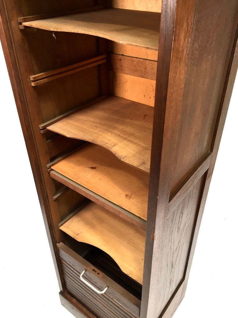 Antique 1950s Wooden Oak Tambour Fronted Office Paper Filing Cabinet With Key photo 399.0