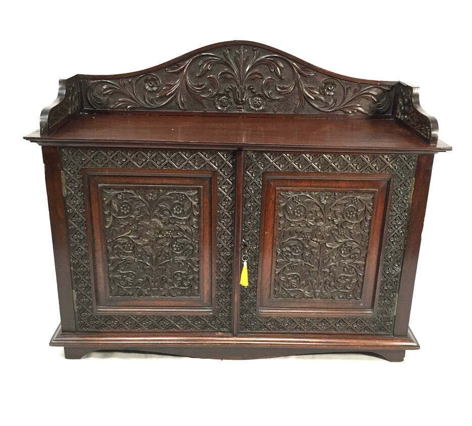 Antique Wooden Ornate Hand Carved Cabinet / Cupboard With Key 19th Century photo Furniture