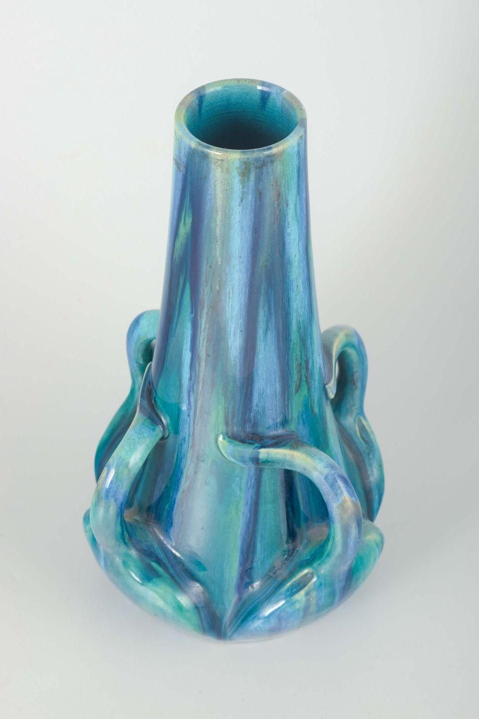 Art Nouveau Steengoed Vaas Met Sculpturale Details En Blauw En Groen Glazuur. photo furniture