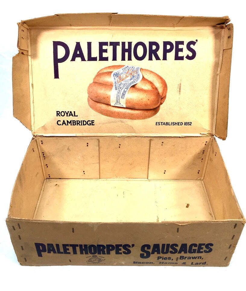 Antique Advertising Palethorpes Royal Cambridge Sausage Box Shop Display Crate photo vinterior