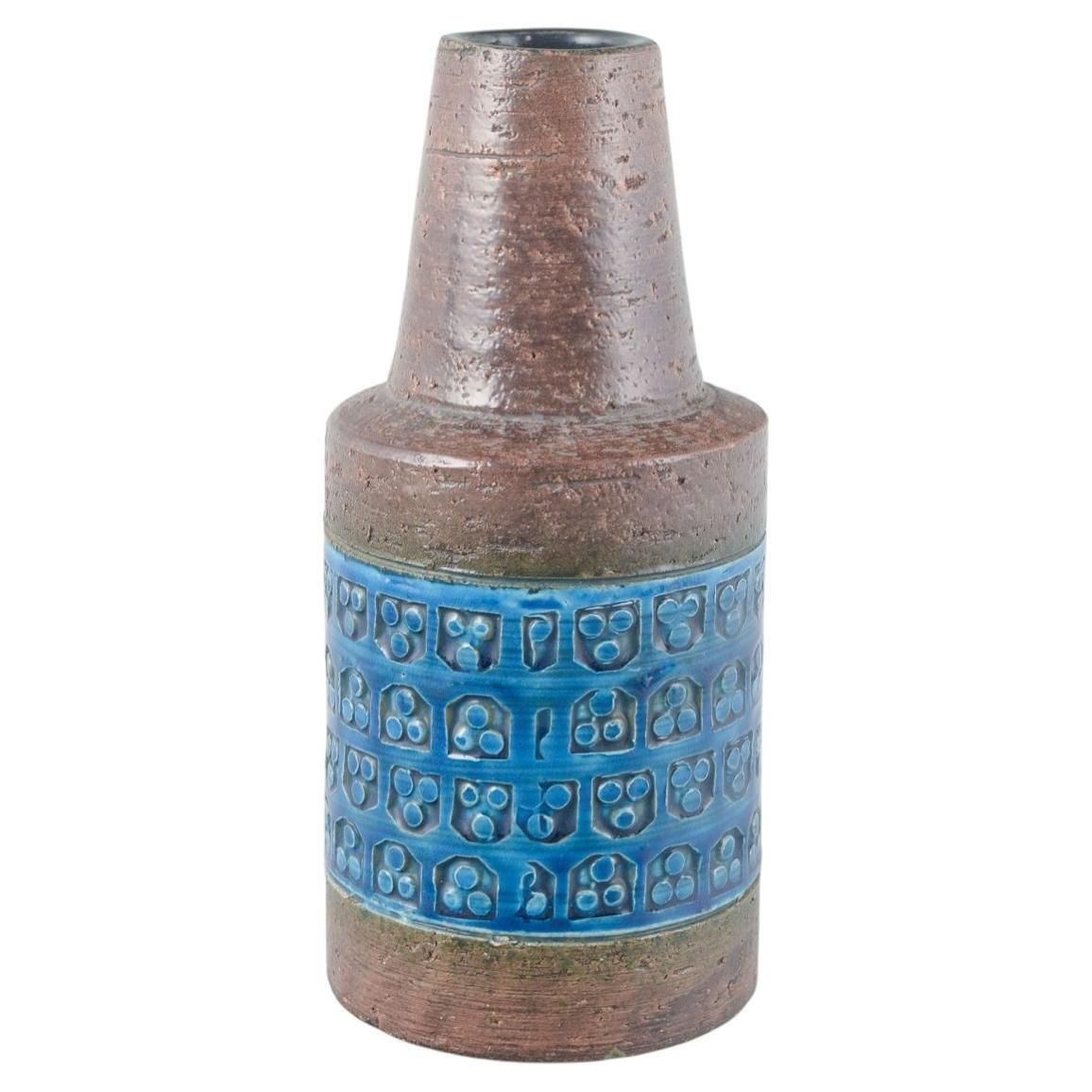 Aldo Londi For Bitossi. Ceramic Vase With Relief Pattern In "Rimini Blu" Glaze.