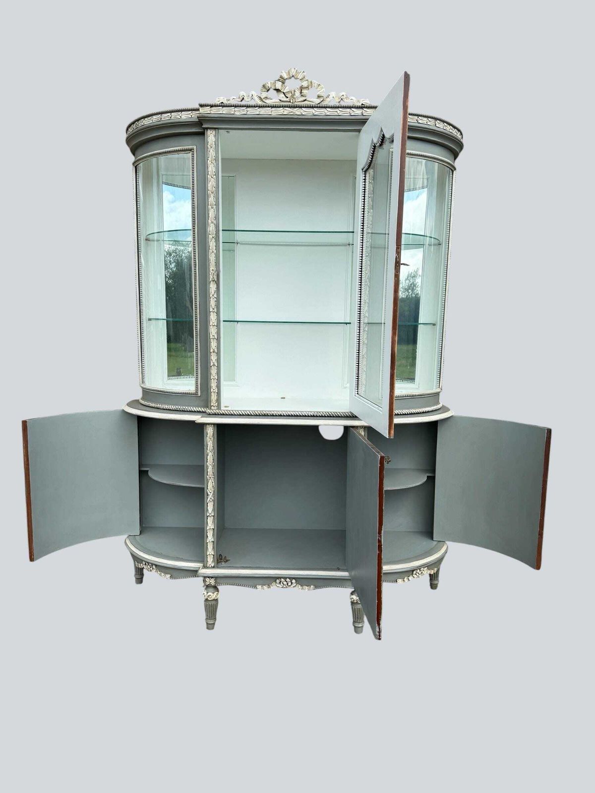Antique Style French Painted 1 Door Glazed Bookcase Cupboard  Glazed Display Cabinet With Lower 3 Door Cupboard photo 695.0