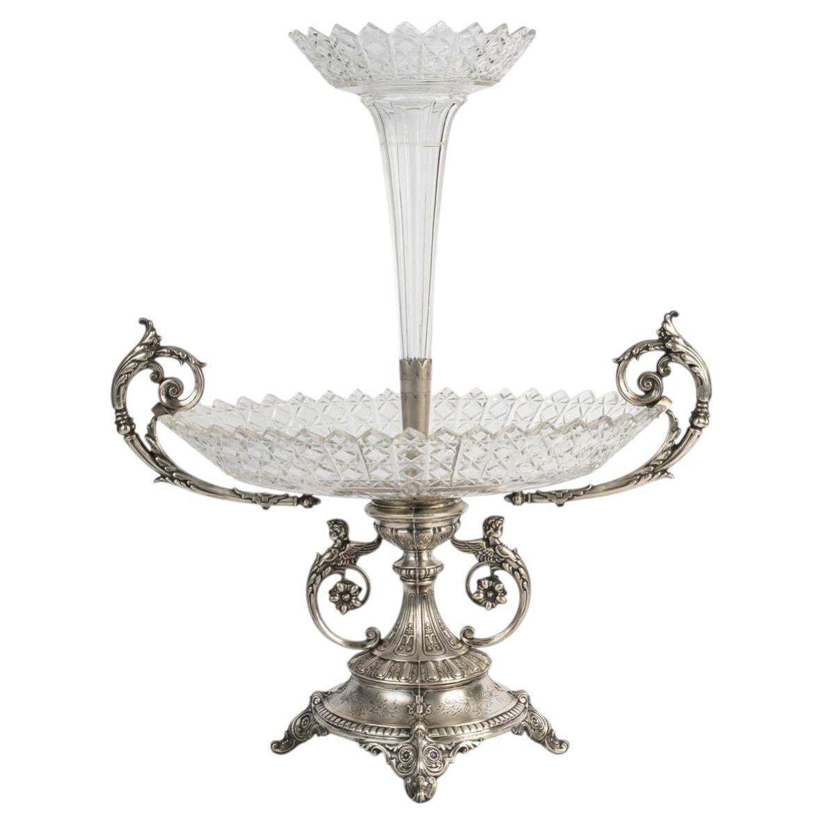 19th Century Silver Plated Bronze And Crystal Centerpiece, Napoleon III Period.