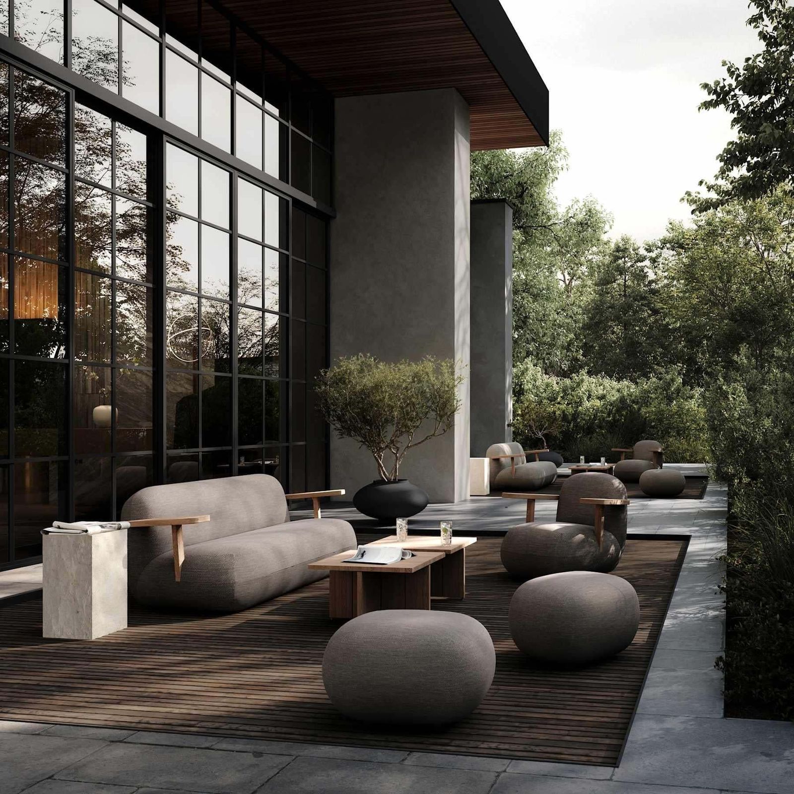 Lounge Chair With Teak Armrests In Stone Gray Outdoor Fabric photo for sale