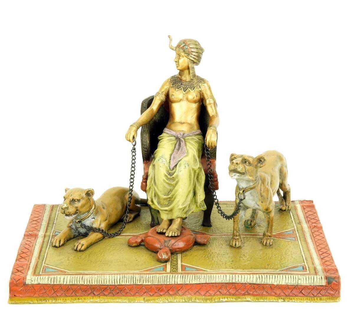 Orientalist Polychrome Bronze Pharaoh Sculpture With Lionesses photo for sale