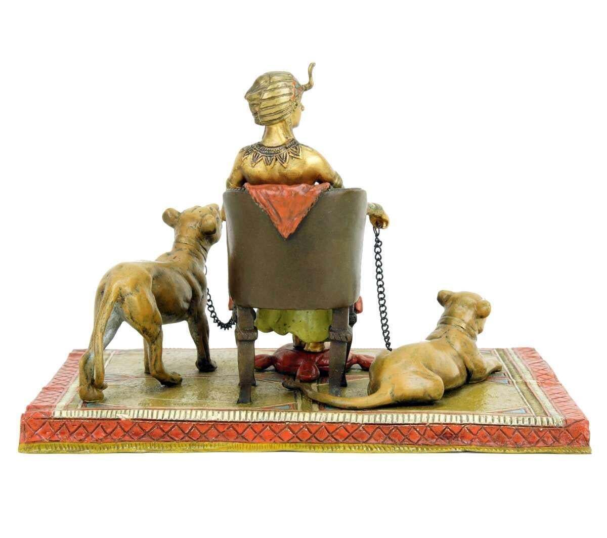 Orientalist Polychrome Bronze Pharaoh Sculpture With Lionesses photo vintage