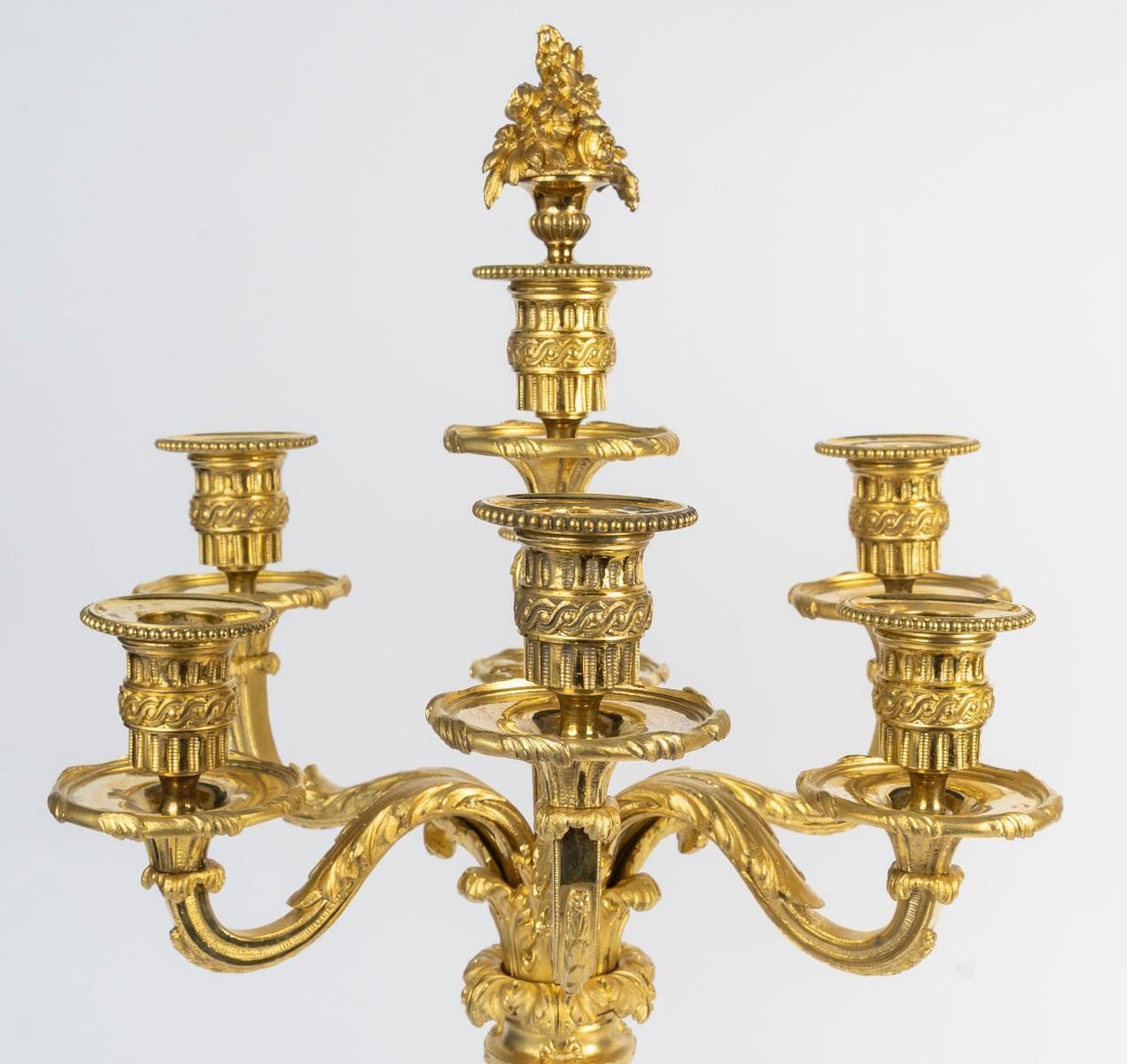 Pair Of 7 Branch Candelabra In Gilded Bronze, 19th Century, Napoleon III Period. photo furniture