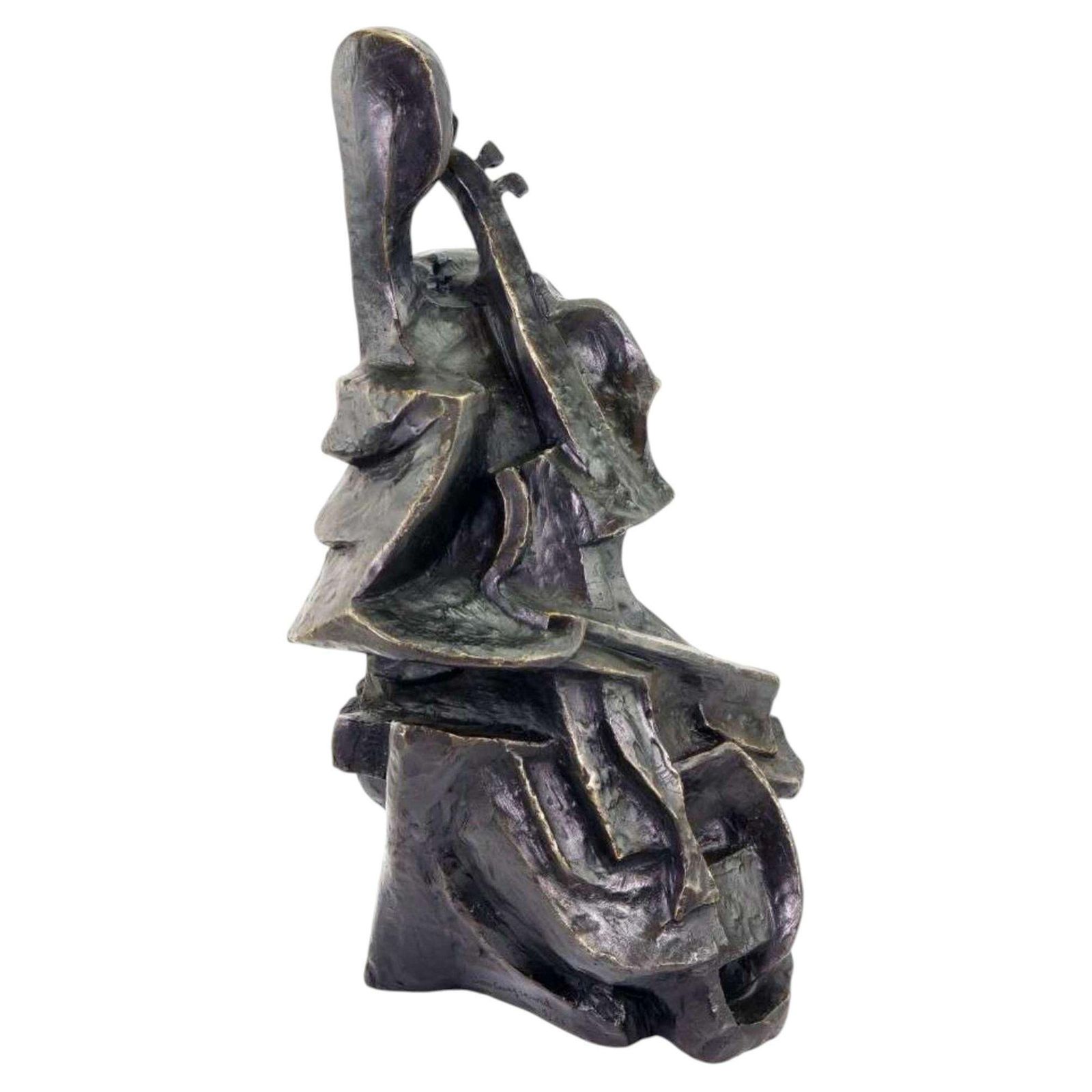 Modern Cubist Dark Bronze Cello Player Sculpture