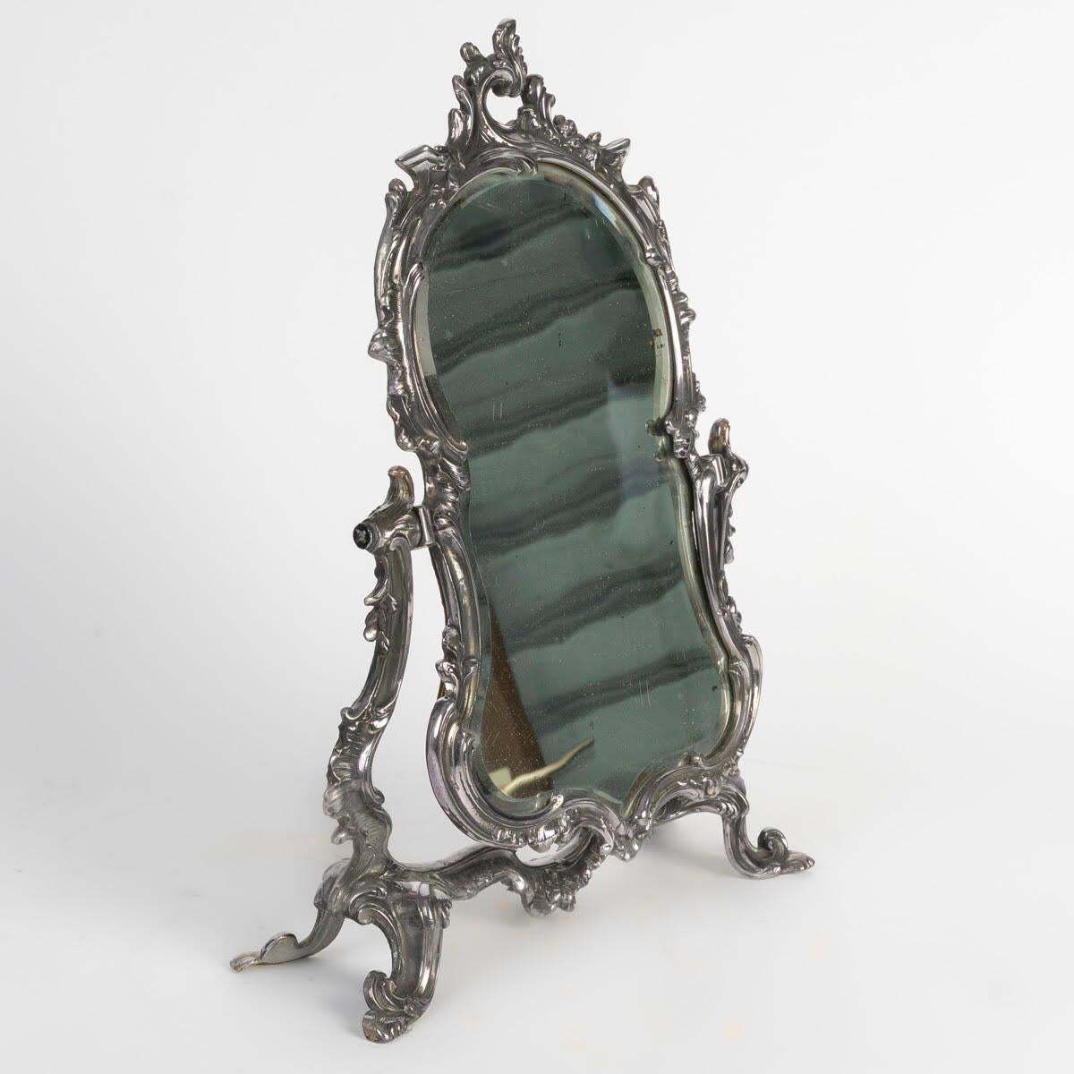 Rocaille Style Silver Plated Metal Table Mirror, Napoleon III Period. photo vinterior