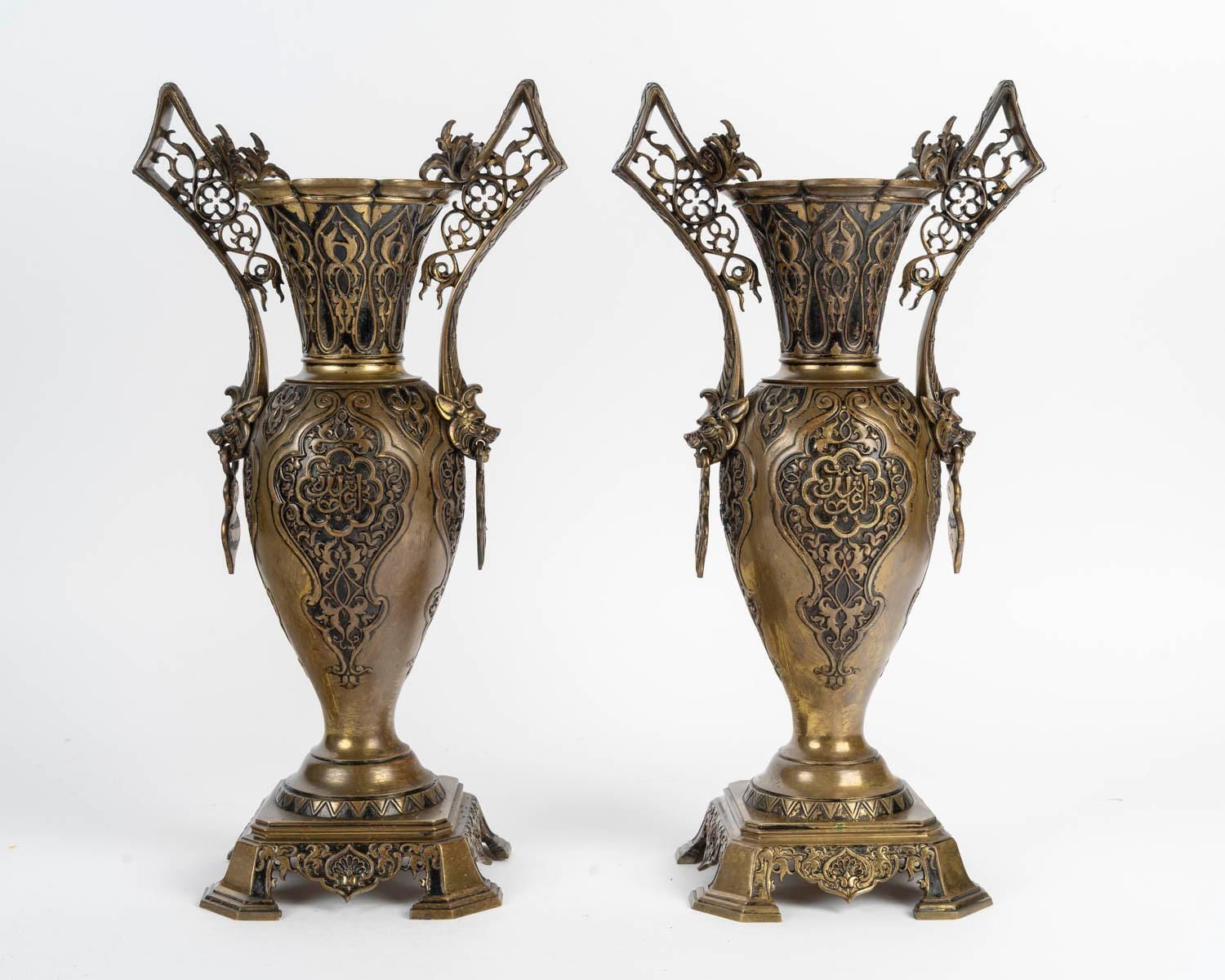 Pair Of 19th Century Napoleon III Era Bronze Vases In The Orientalist Style. photo Home Decor