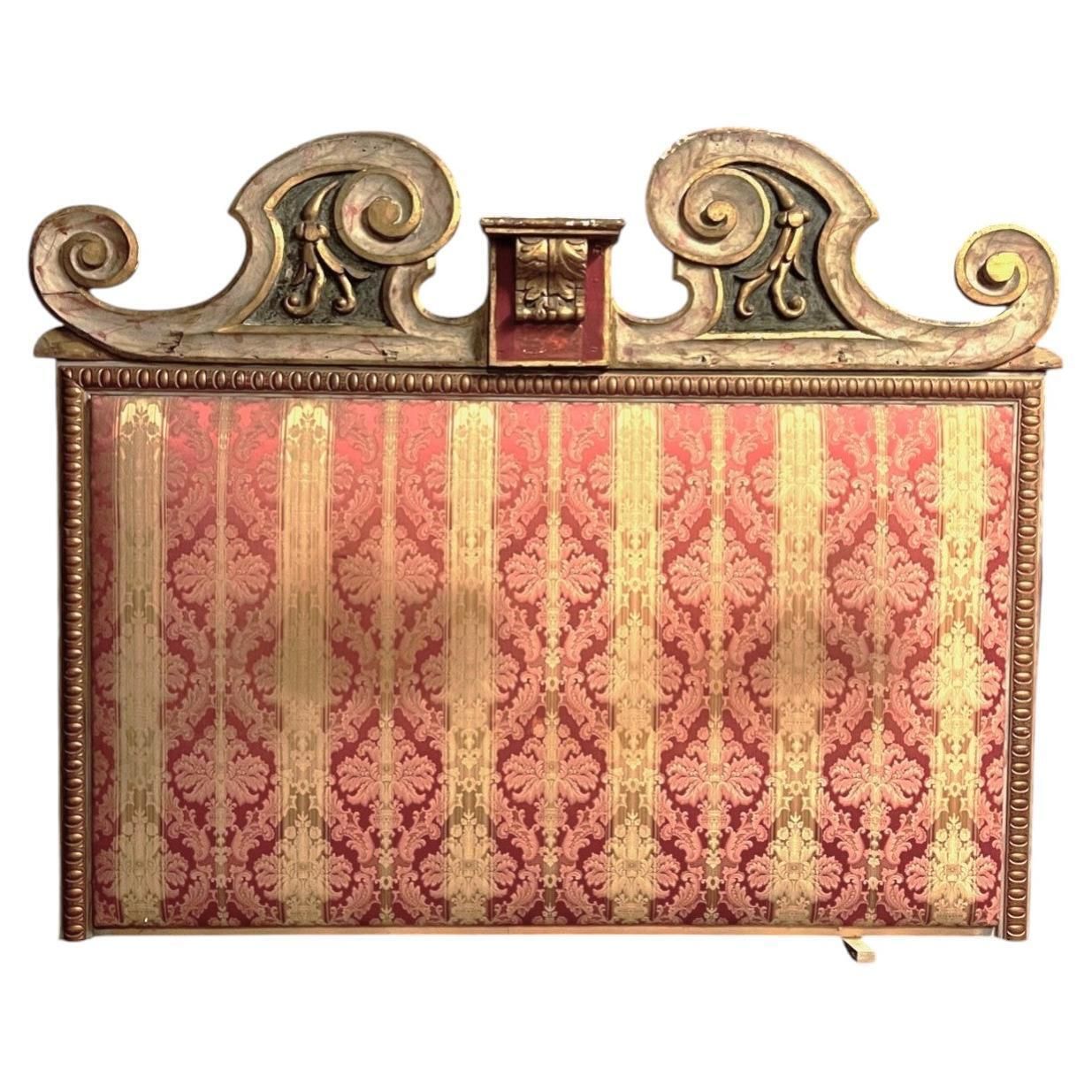 Carved, Lacquered And Damask Lined Bed Headboard, Italy